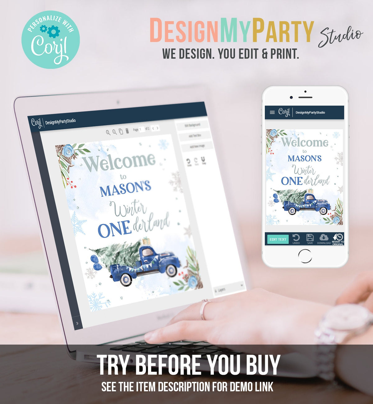 Editable Winter Onederland Welcome Sign Tree Blue Boy Silver First Birthday Snowflake Wonderland Truck Tree Digital Template Printable 0356