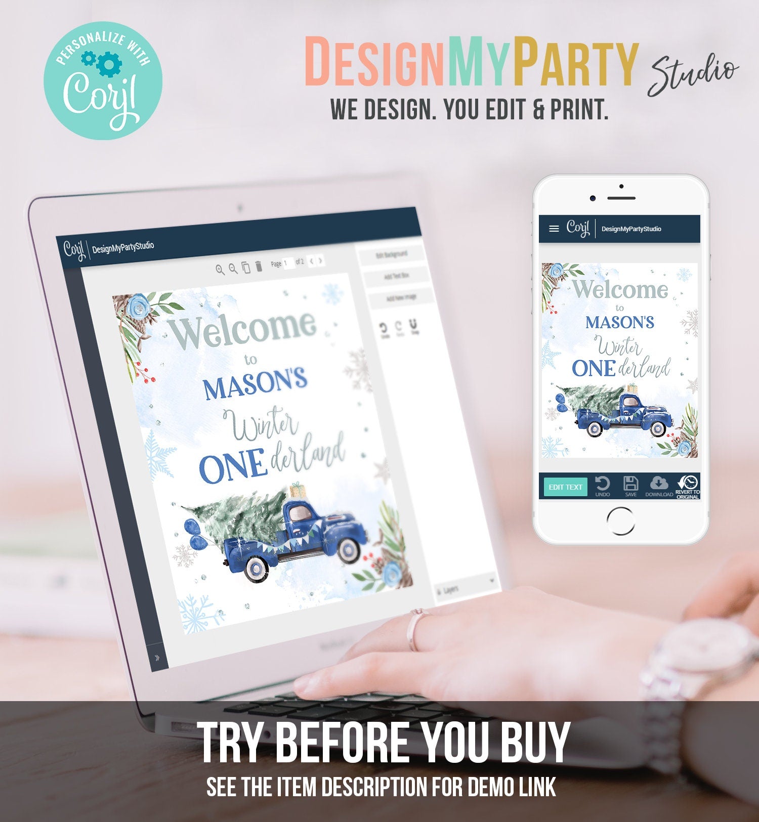 Editable Winter Onederland Welcome Sign Tree Blue Boy Silver First Birthday Snowflake Wonderland Truck Tree Digital Template Printable 0356