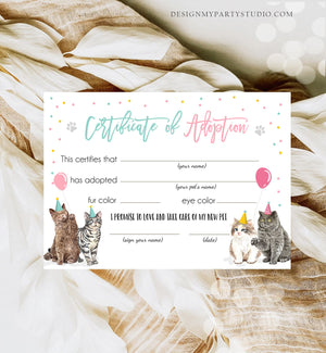 Pet Adoption Certificate Cat Adoption Cat Birthday Party Adopt A Cat Girl Pink Vet Kitten Adoption Instant Download Digital PRINTABLE 0384