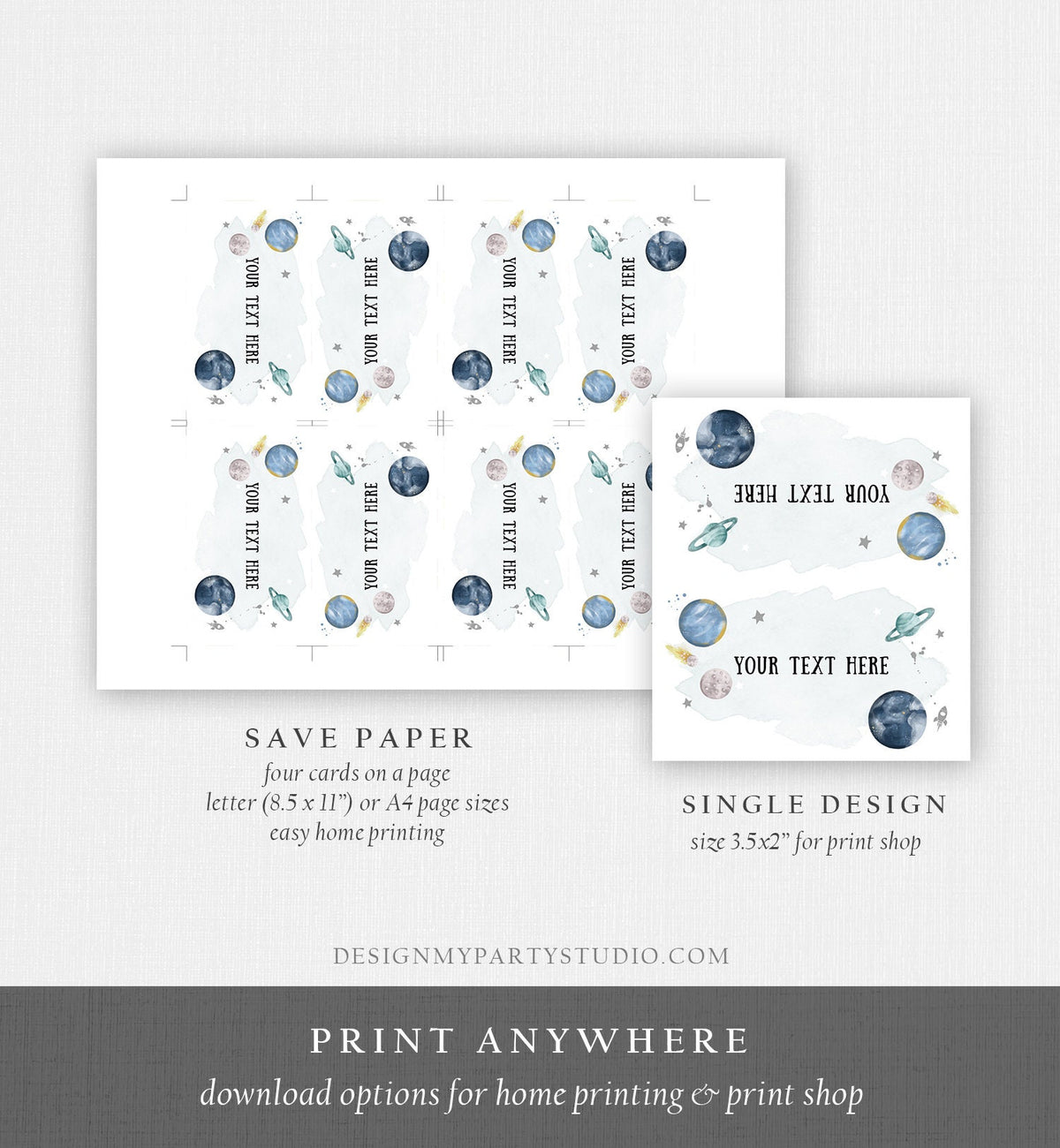 Editable Outer Space Food Label Birthday Galaxy Insert Card Label Place Card Tent Astronaut Around the Sun Silver Template Printable 0357