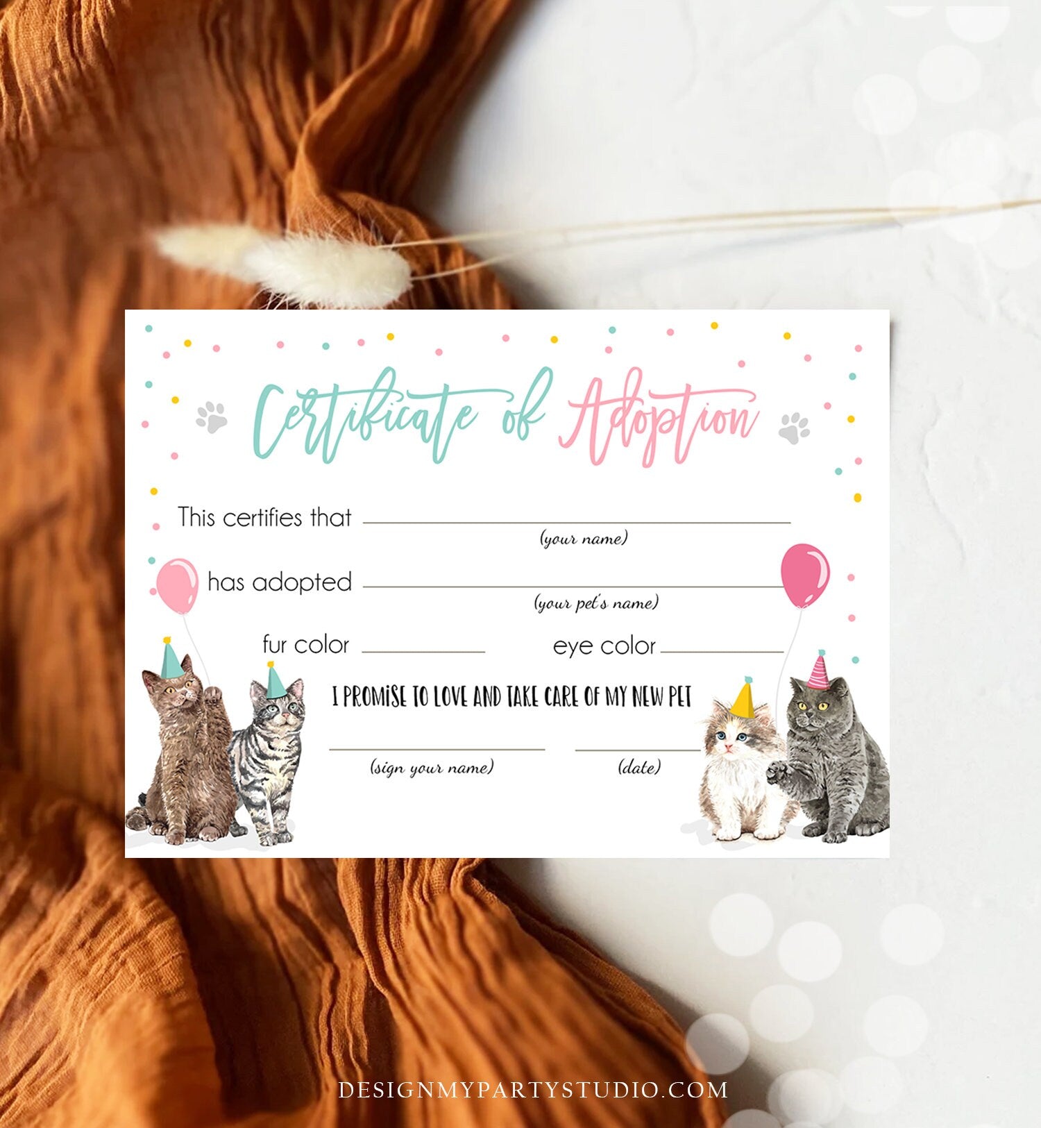 Pet Adoption Certificate Cat Adoption Cat Birthday Party Adopt A Cat Girl Pink Vet Kitten Adoption Instant Download Digital PRINTABLE 0384