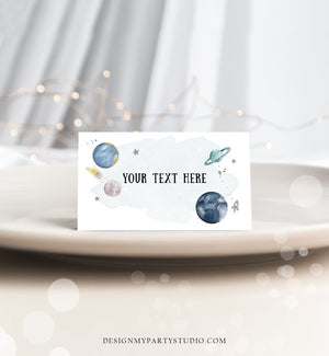 Editable Food Labels Outer Space Birthday Galaxy Food Labels Place Card Tent Card Astronaut Around the Sun Silver Boy Template Corjl 0357