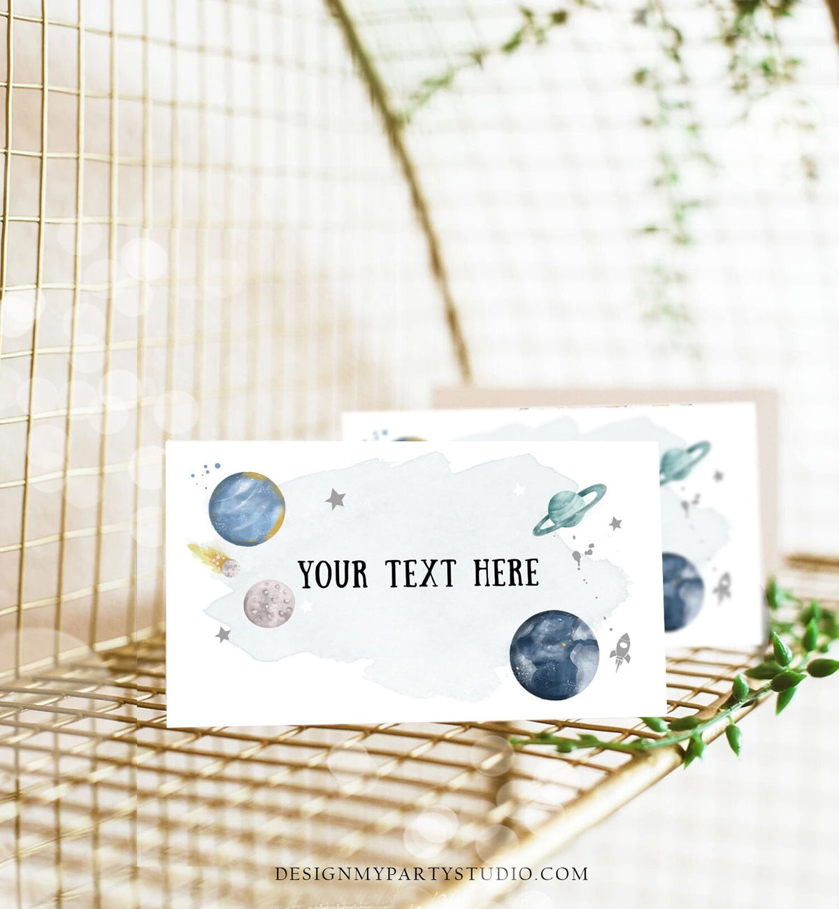 Editable Outer Space Food Label Birthday Galaxy Insert Card Label Place Card Tent Astronaut Around the Sun Silver Template Printable 0357