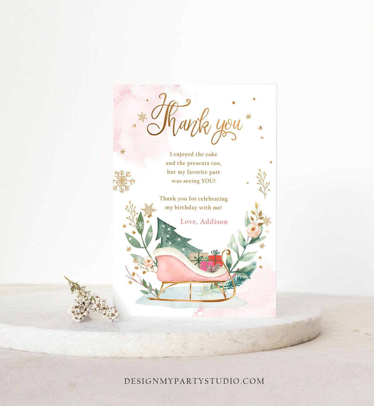 Editable Sleigh Winter Tree Thank You Card Birthday Watercolor Baby Its Cold Outside Baby Shower Pink Girl Digital Template Printable 0353