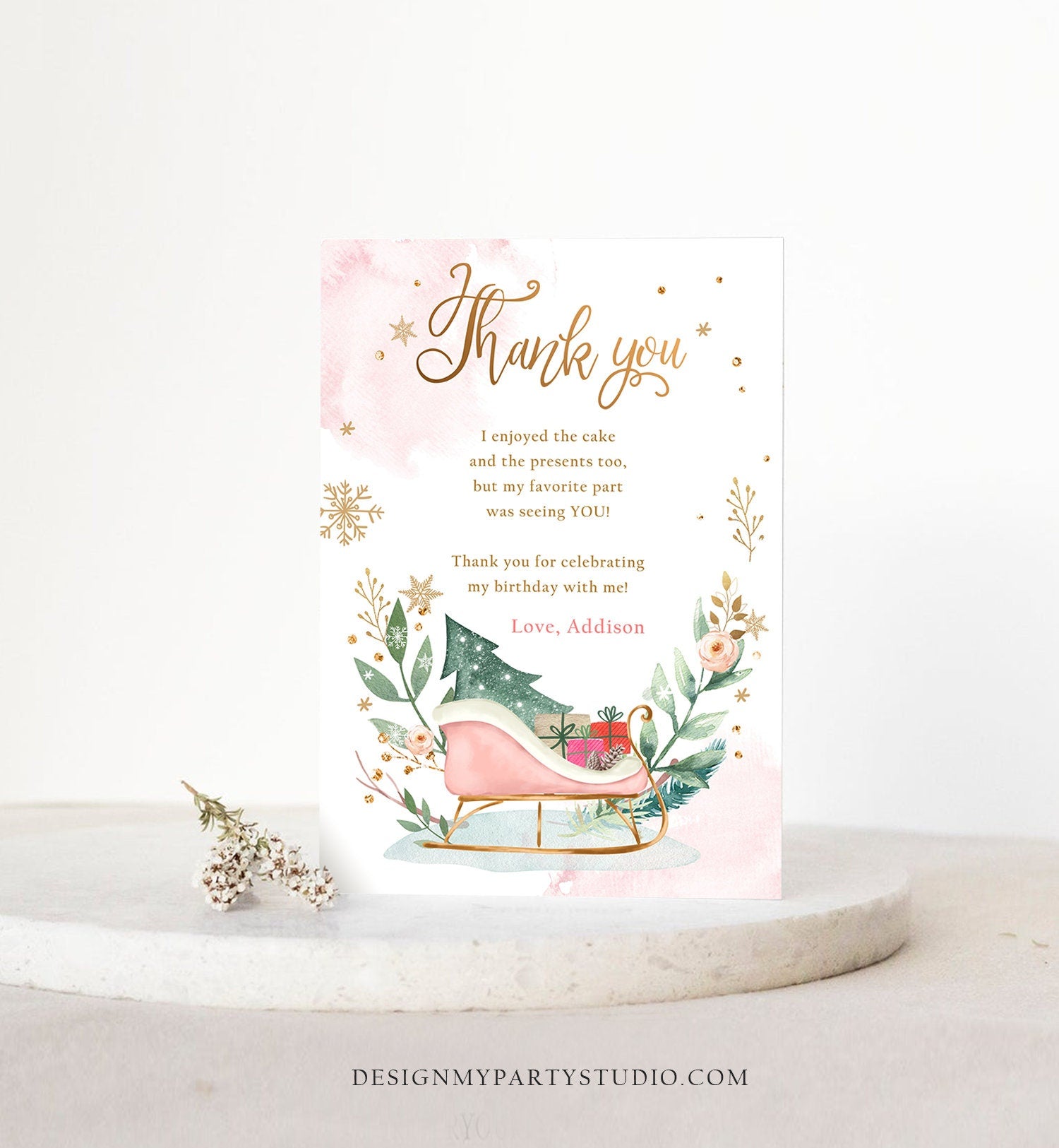 Editable Sleigh Winter Tree Thank You Card Birthday Watercolor Baby Its Cold Outside Baby Shower Pink Girl Digital Template Printable 0353