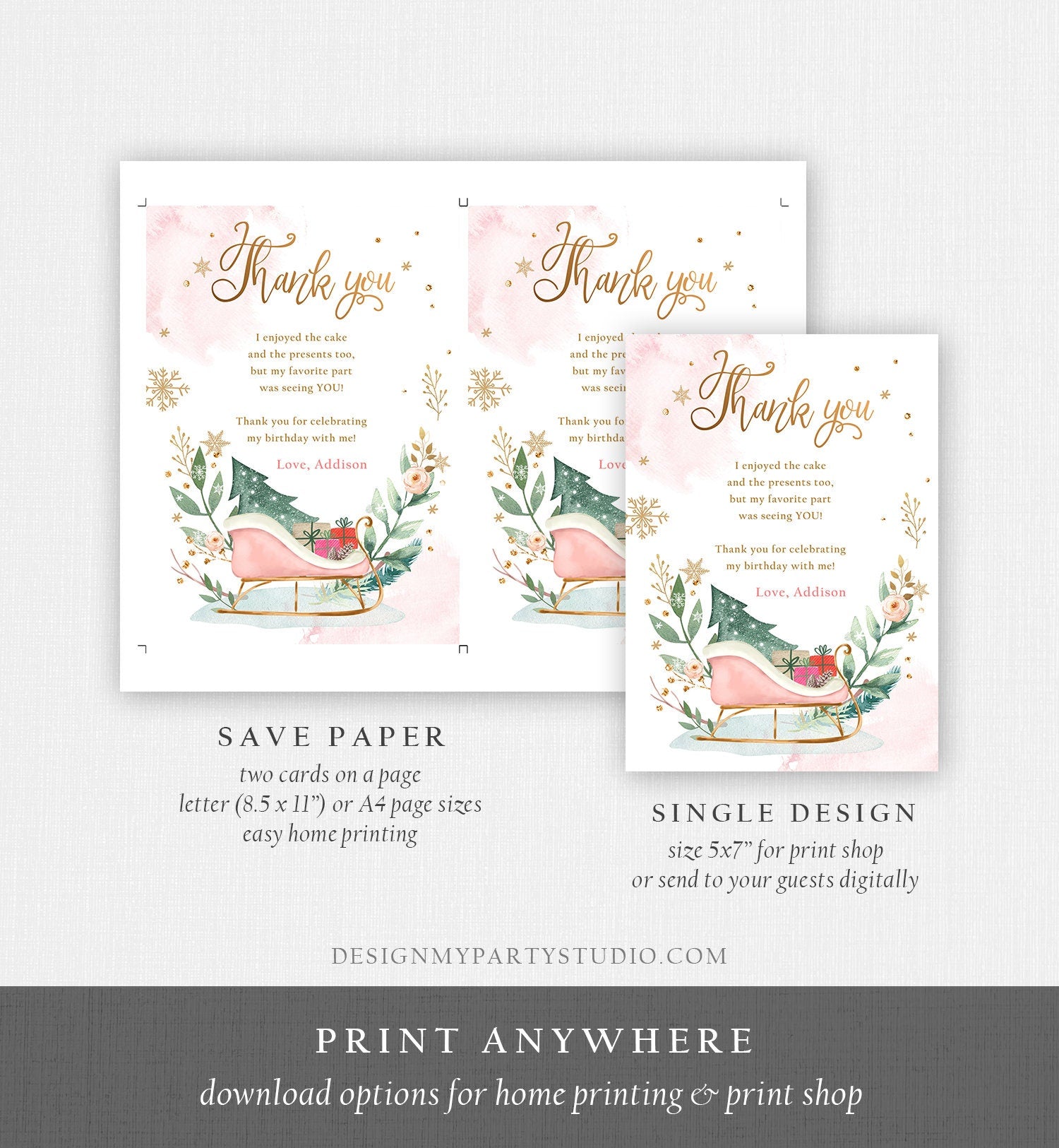 Editable Sleigh Winter Tree Thank You Card Birthday Watercolor Baby Its Cold Outside Baby Shower Pink Girl Digital Template Printable 0353