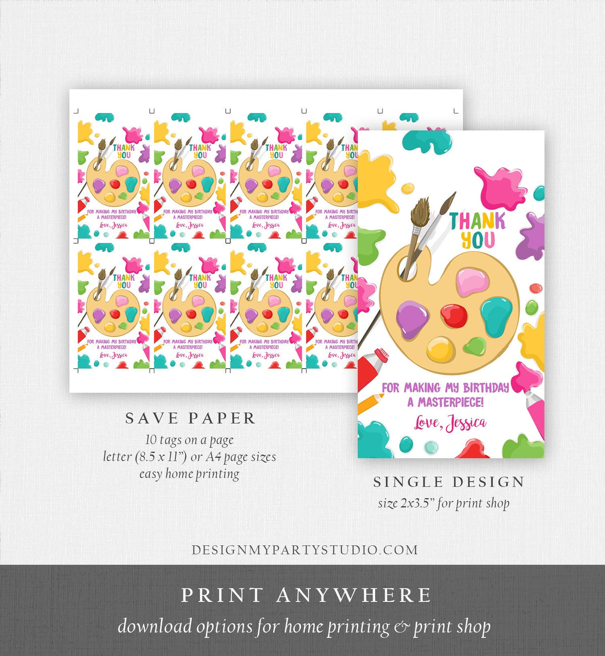 Editable Art Party Favor Tags Painting Party Thank You Tag Gift Tag Art Birthday Girl Pink Craft Paint Brush Corjl Template Printable 0319