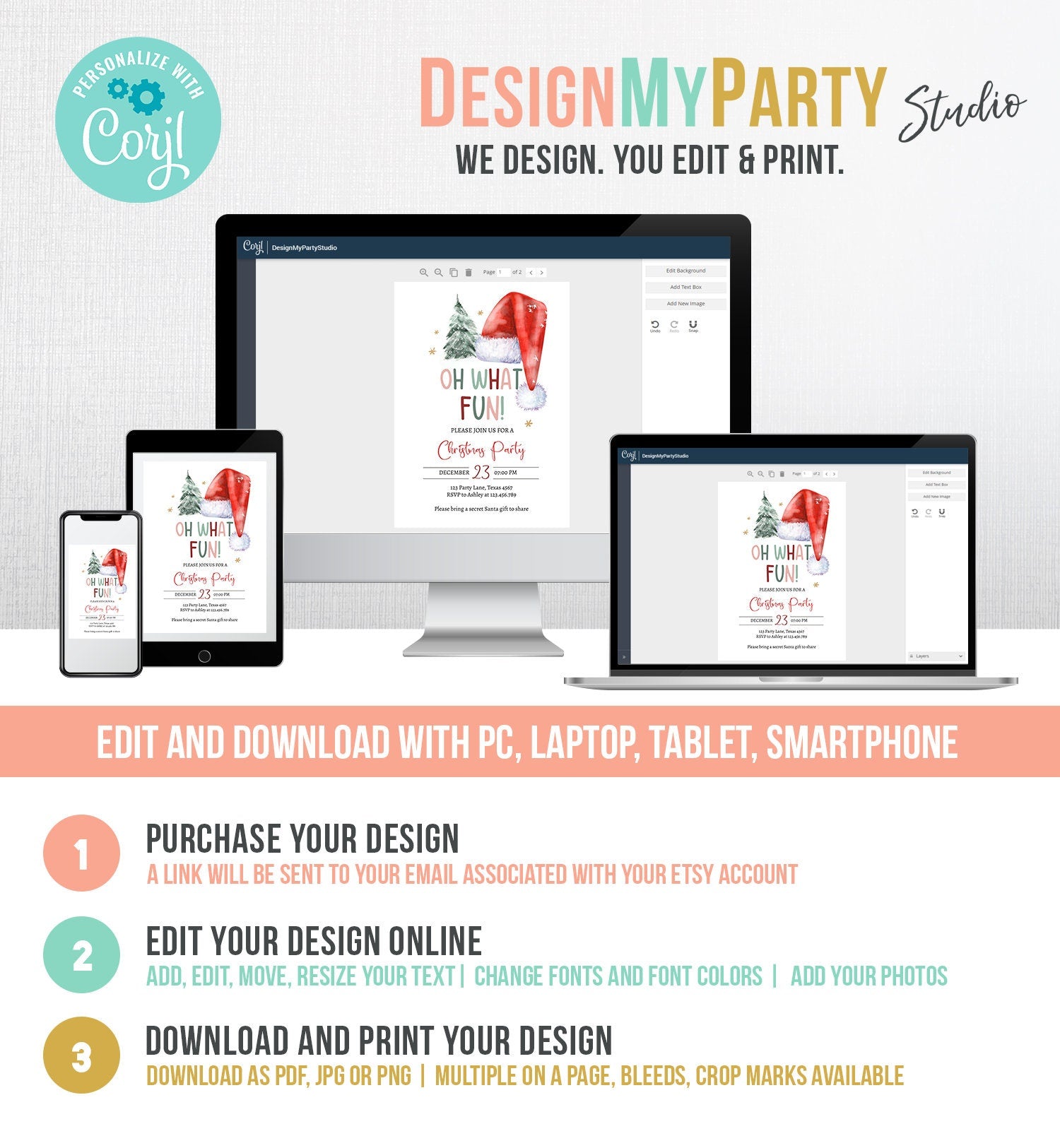 Editable Christmas Party Invitation Kids Holiday Santa Hat Oh What Fun Invite Christmas Birthday Digital Template Download Printable 0444