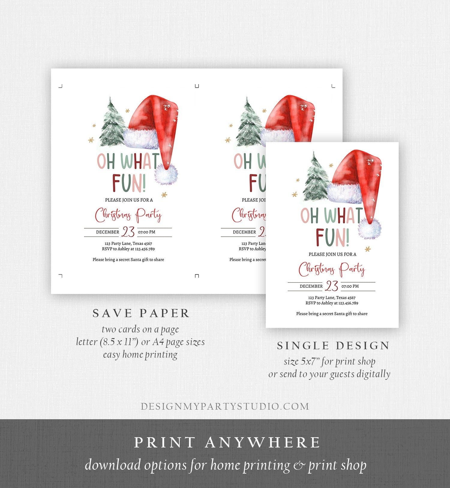 Editable Christmas Party Invitation Kids Holiday Santa Hat Oh What Fun Invite Christmas Birthday Digital Template Download Printable 0444