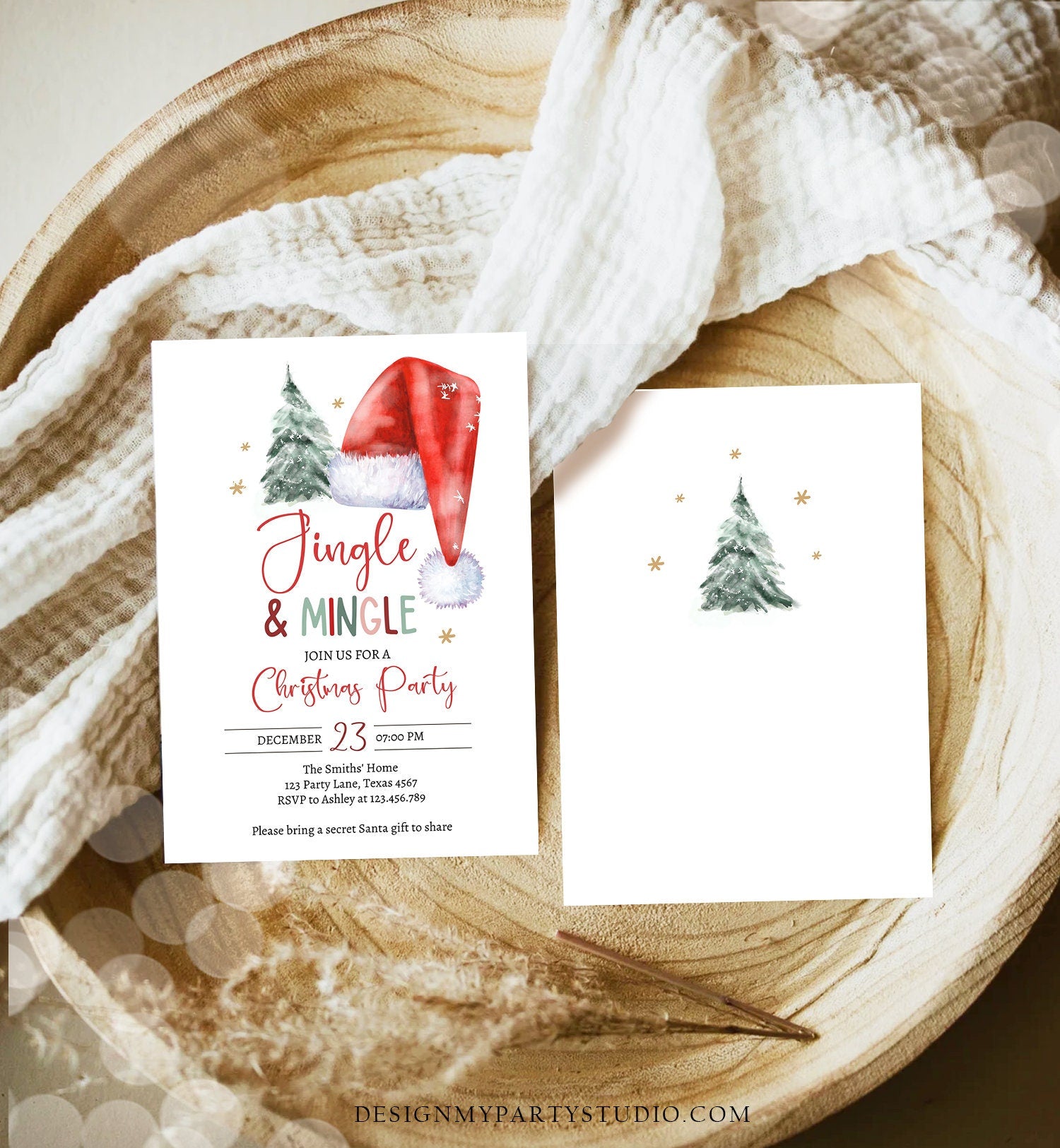 Editable Jingle & Mingle Christmas Party Invitation Tree Holiday Party Invite Santa Hat Invite Corjl Template Download Printable 0444