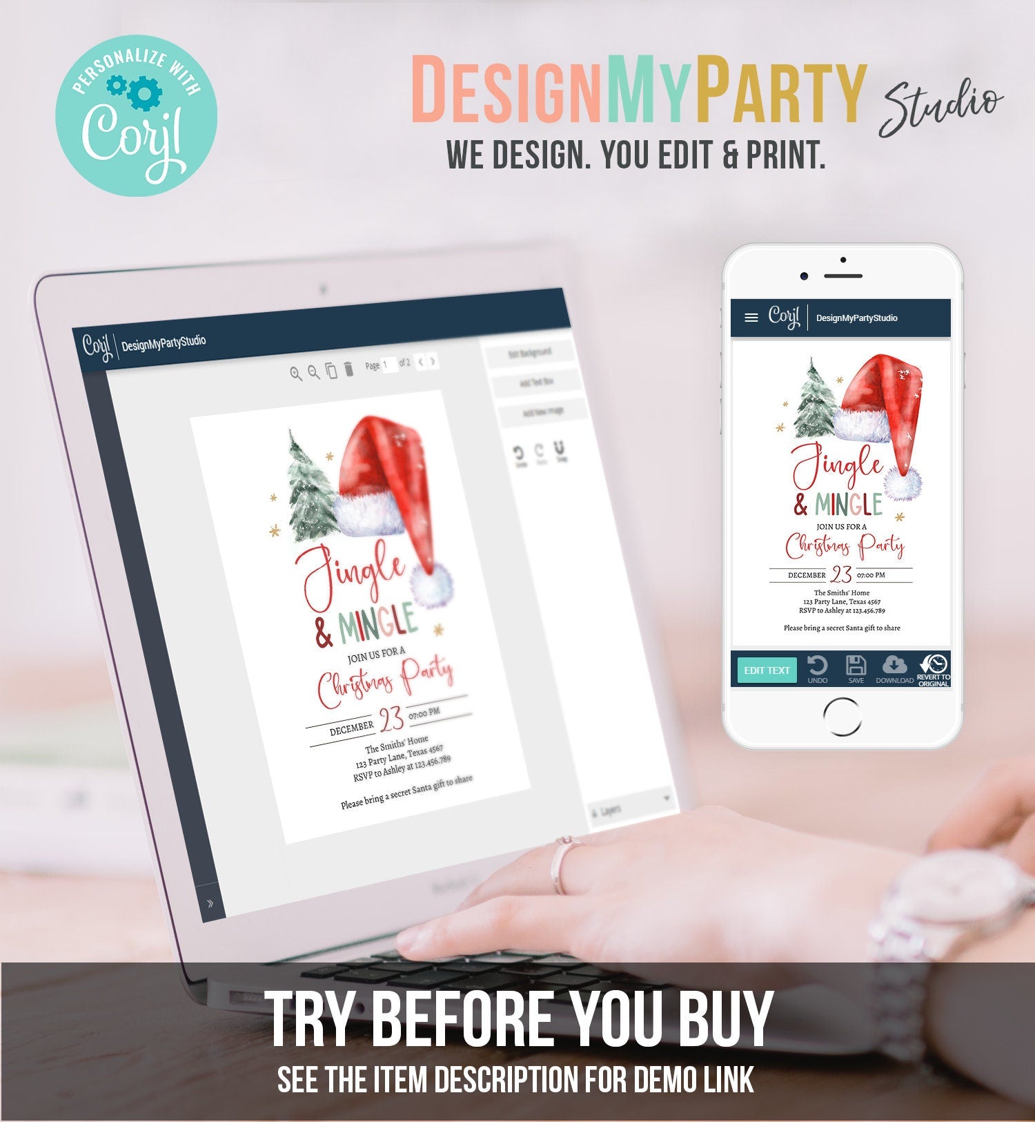 Editable Jingle & Mingle Christmas Party Invitation Tree Holiday Party Invite Santa Hat Invite Corjl Template Download Printable 0444