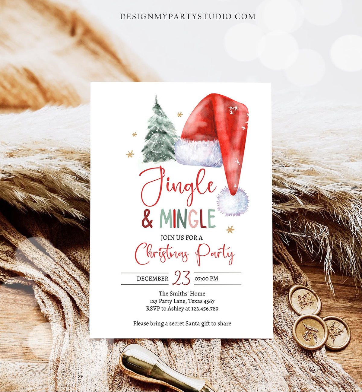 Editable Jingle &amp; Mingle Christmas Party Invitation Tree Holiday Party Invite Santa Hat Invite Corjl Template Download Printable 0444