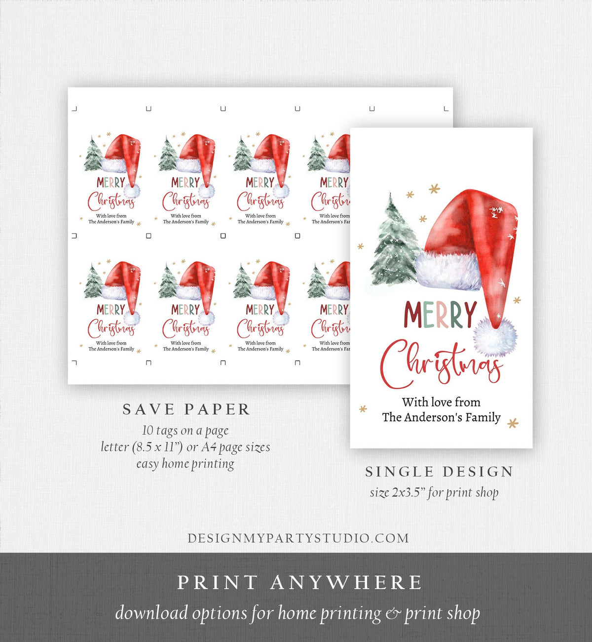 Editable Christmas Favor Tags Holiday Gift Tags Merry Christmas Santa Hat Elf Holiday Labels Download Printable Template Corjl 0443 0444
