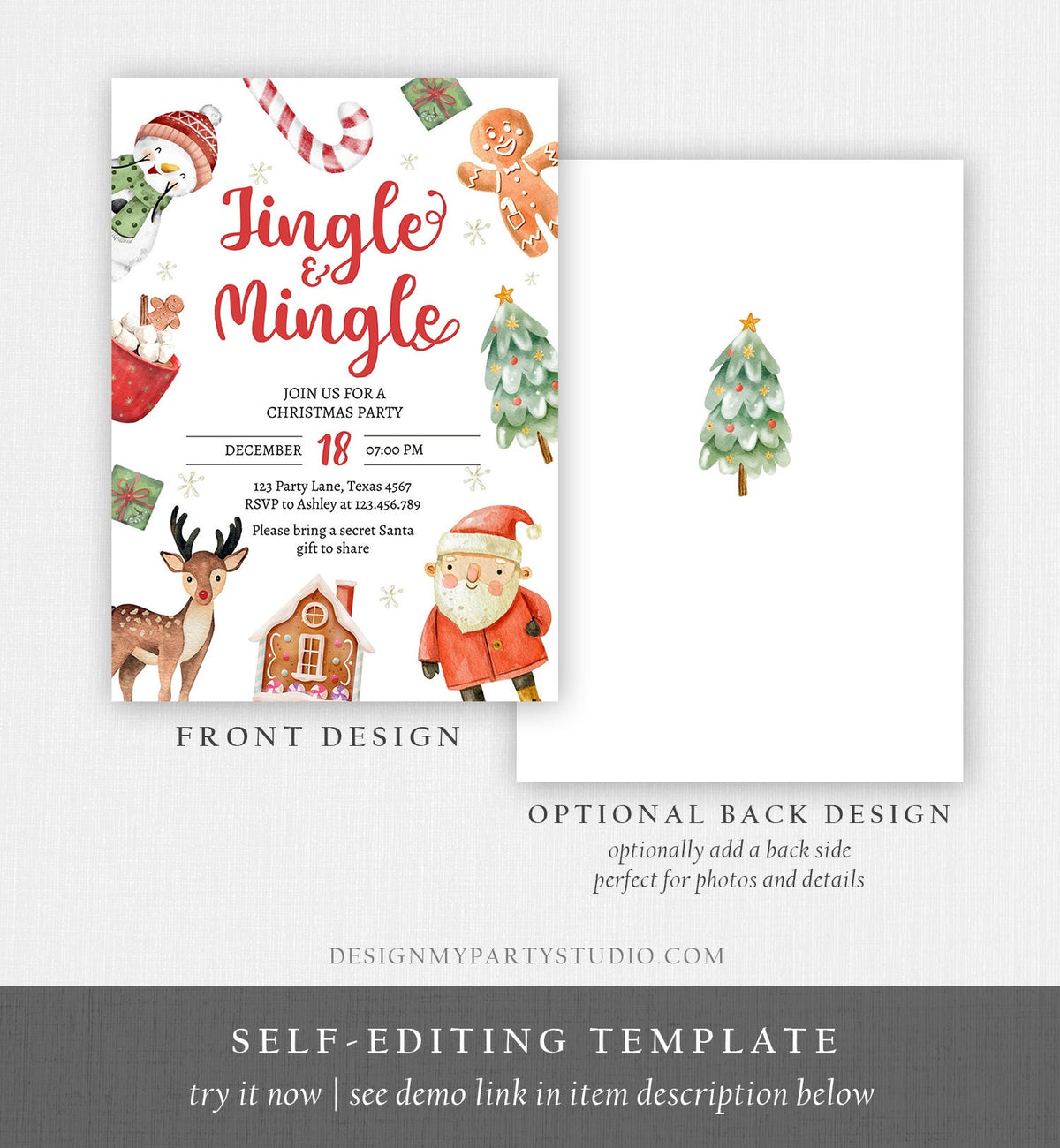 Editable Christmas Party Invitation Kids Christmas Invite Holiday Party Jingle and Mingle Birthday Corjl Template Download Printable 0445