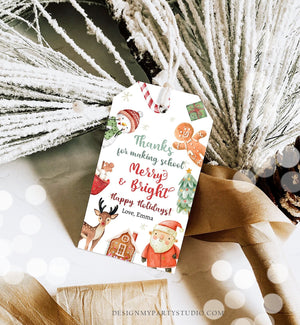 Editable School Merry and Bright Tag Christmas Gift Tag Holiday Tag Appreciation Teacher Staff Download Printable Template Corjl 0443 0445