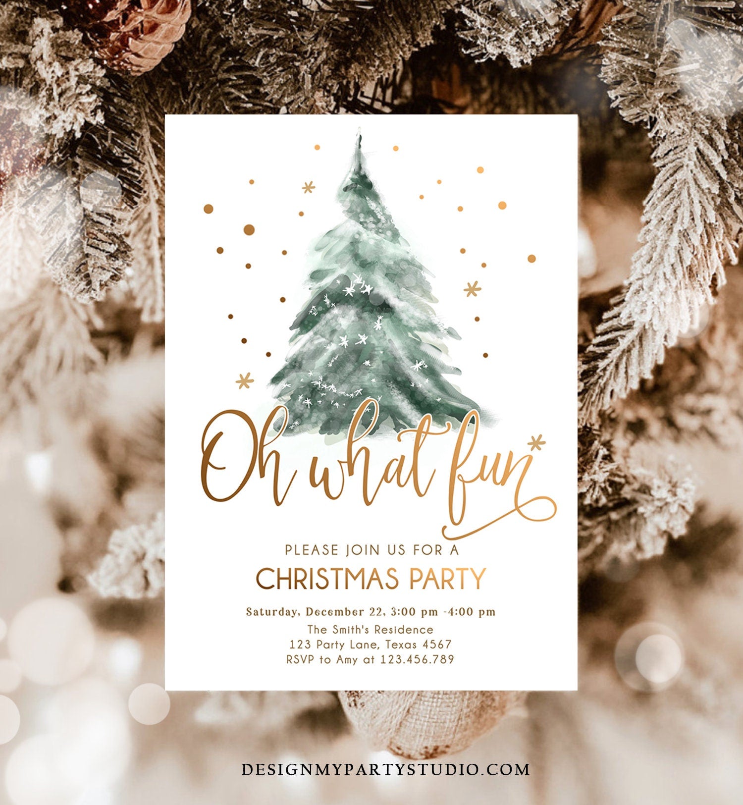 Editable Christmas Party Invitation Winter Tree Oh What Fun Invite Holiday Party Birthday Invite Corjl Template Download Printable 0363