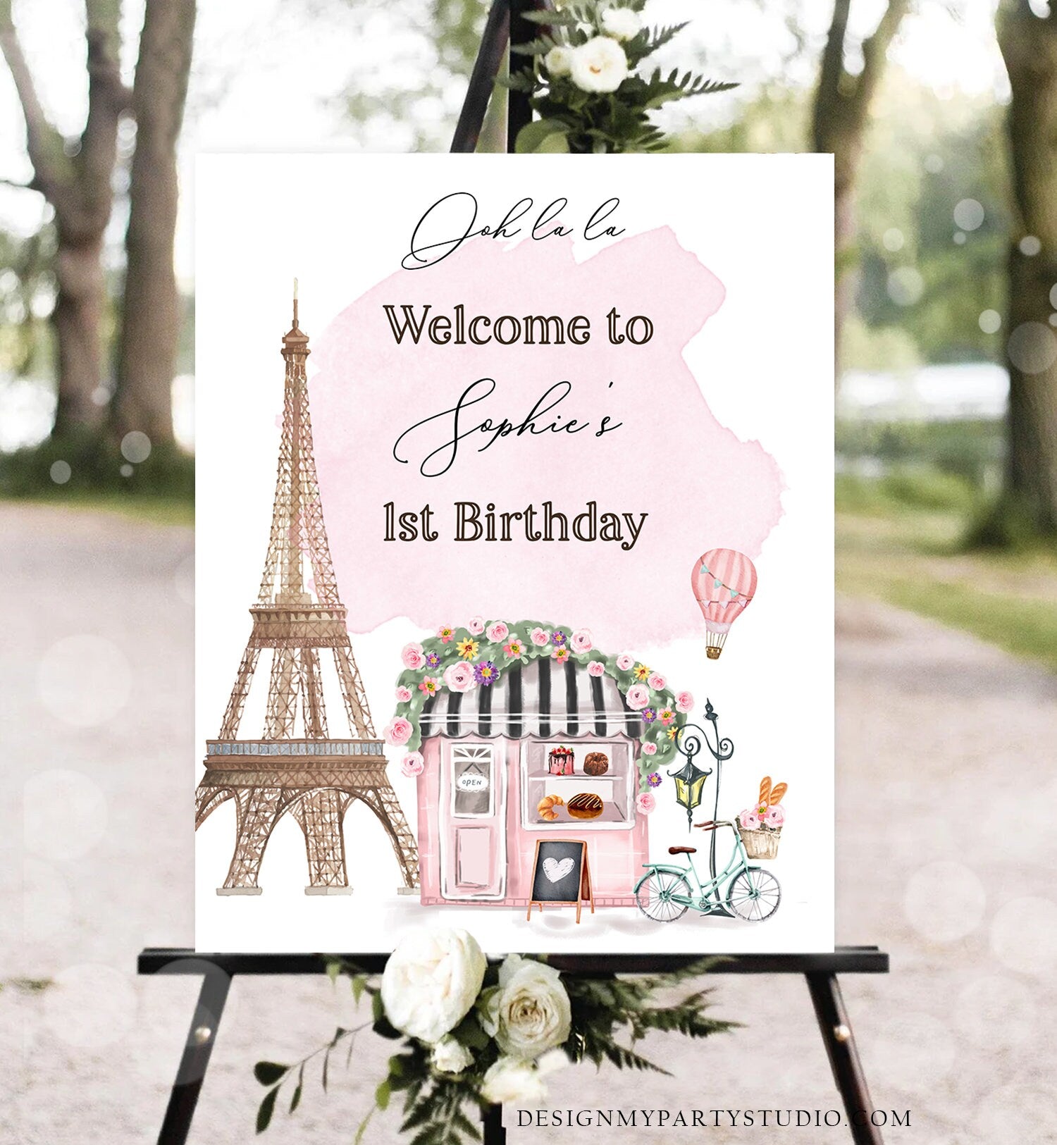Editable Paris Birthday Welcome Sign French Patisserie Tea Party Birthday Floral France Paris Party Parisian Template PRINTABLE Corjl 0441