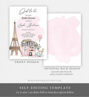 Editable Paris Bridal Shower Invitation French Patisserie Parisian Eiffel Tower Ooh La La Cafe Floral Printable Template Corjl Digital 0441