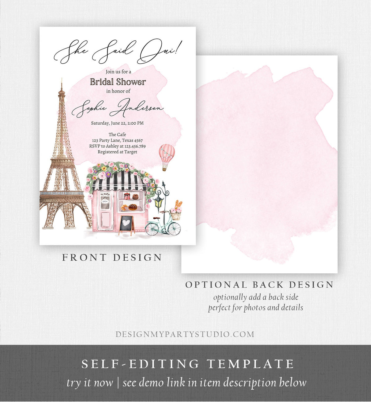 Editable Paris Bridal Shower Invitation She Said Oui French Patisserie Parisian Eiffel Tower Floral Digital Download Template Printable 0441