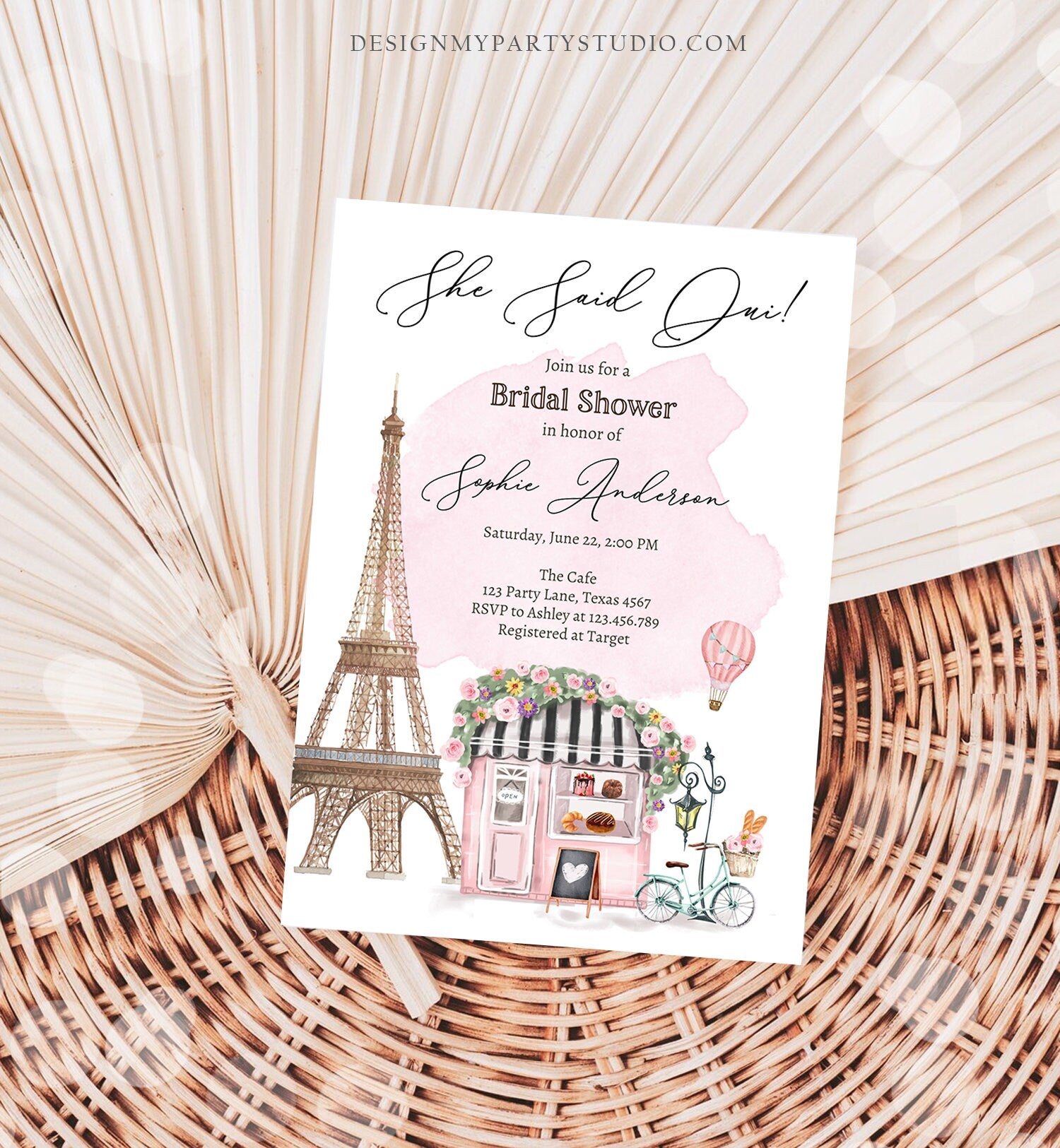 Editable Paris Bridal Shower Invitation She Said Oui French Patisserie Parisian Eiffel Tower Floral Digital Download Template Printable 0441
