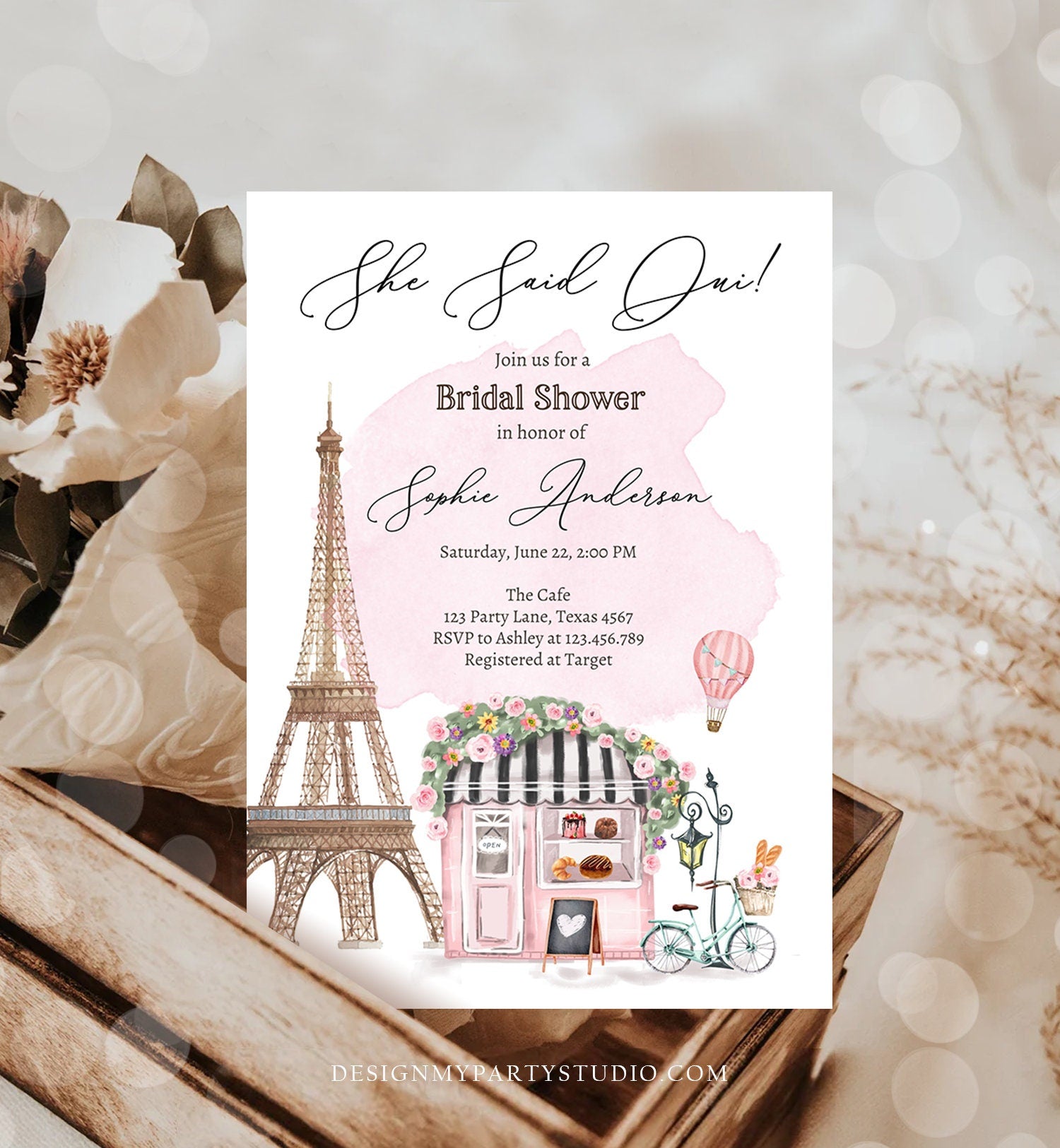 Editable Paris Bridal Shower Invitation She Said Oui French Patisserie Parisian Eiffel Tower Floral Digital Download Template Printable 0441