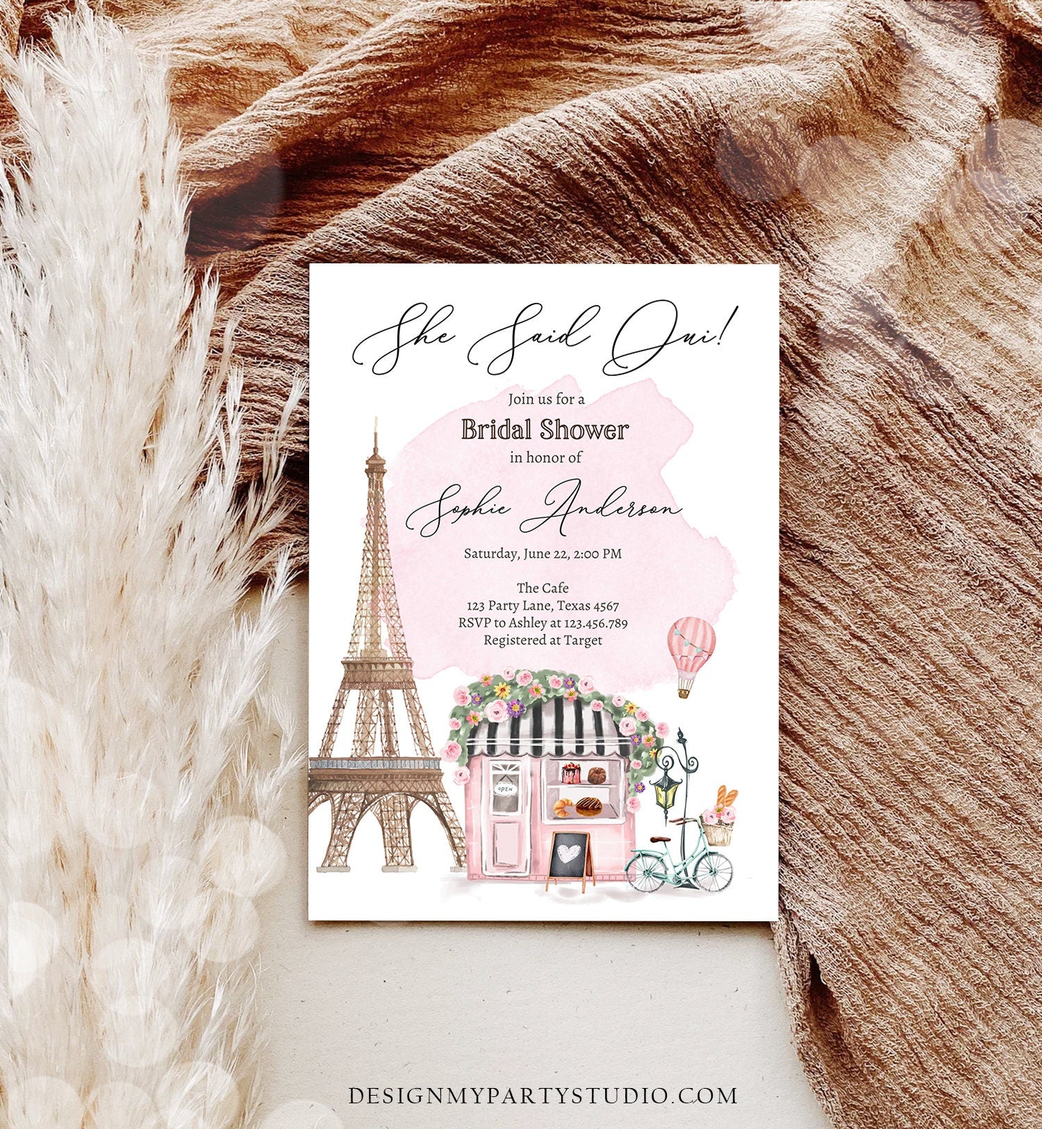 Editable Paris Bridal Shower Invitation She Said Oui French Patisserie Parisian Eiffel Tower Floral Digital Download Template Printable 0441