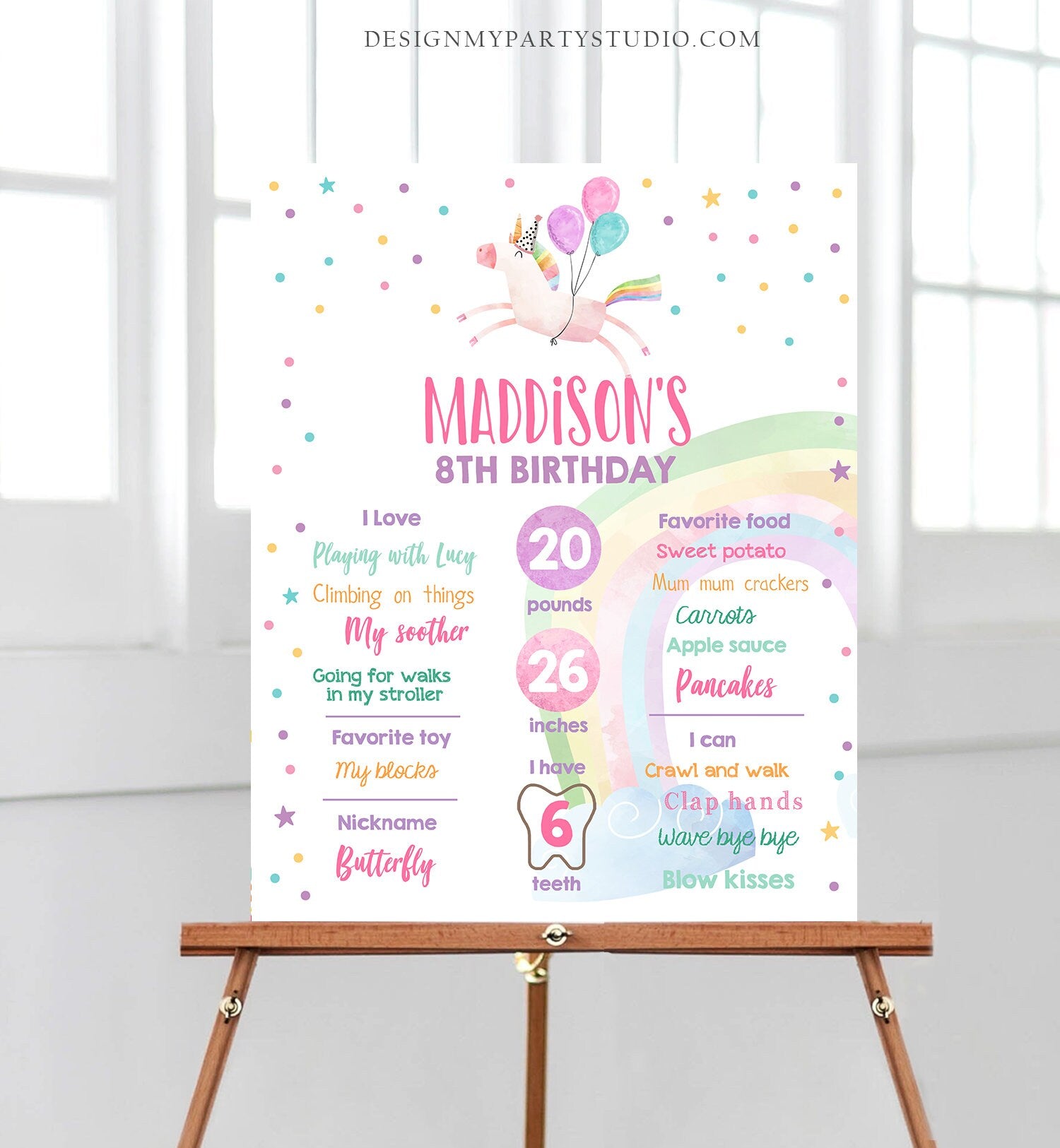 Editable Unicorn Birthday Milestones Sign Birthday Girl First Birthday Magical Party Balloons Rainbow Colors Poster Corjl Printable 0336