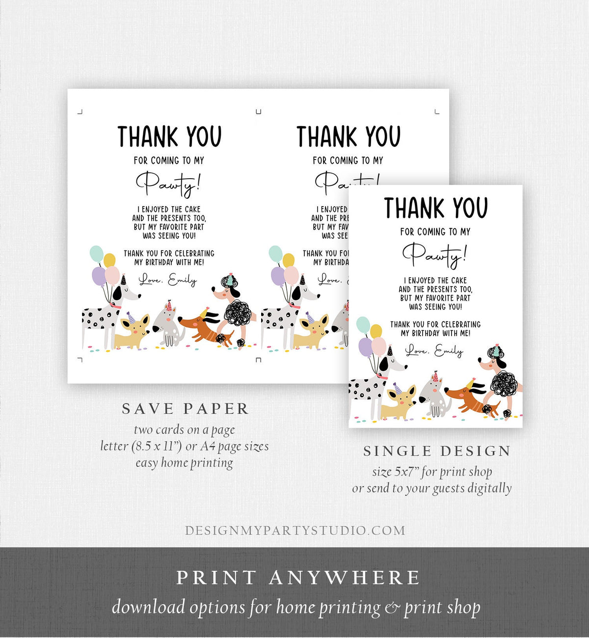 Editable Dog Birthday Thank You Card Puppy Birthday Invite Pink Girl Pawty Birthday Animal Pet Vet Digital Download Template Printable 0429