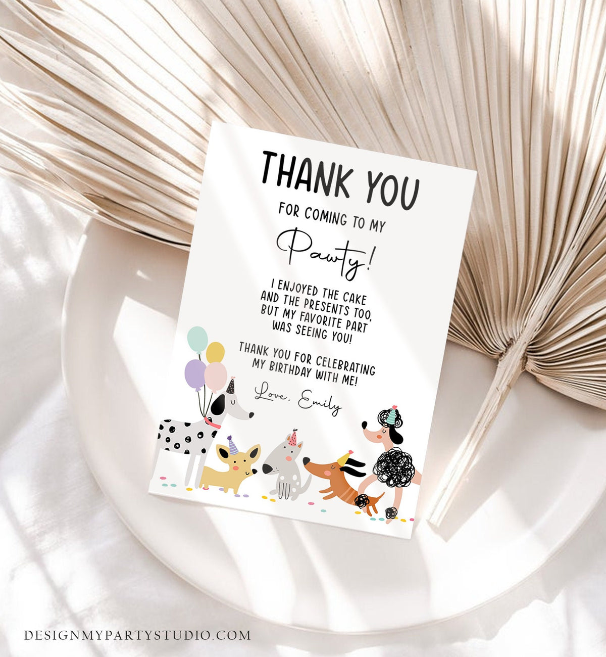 Editable Dog Birthday Thank You Card Puppy Birthday Invite Pink Girl Pawty Birthday Animal Pet Vet Digital Download Template Printable 0429
