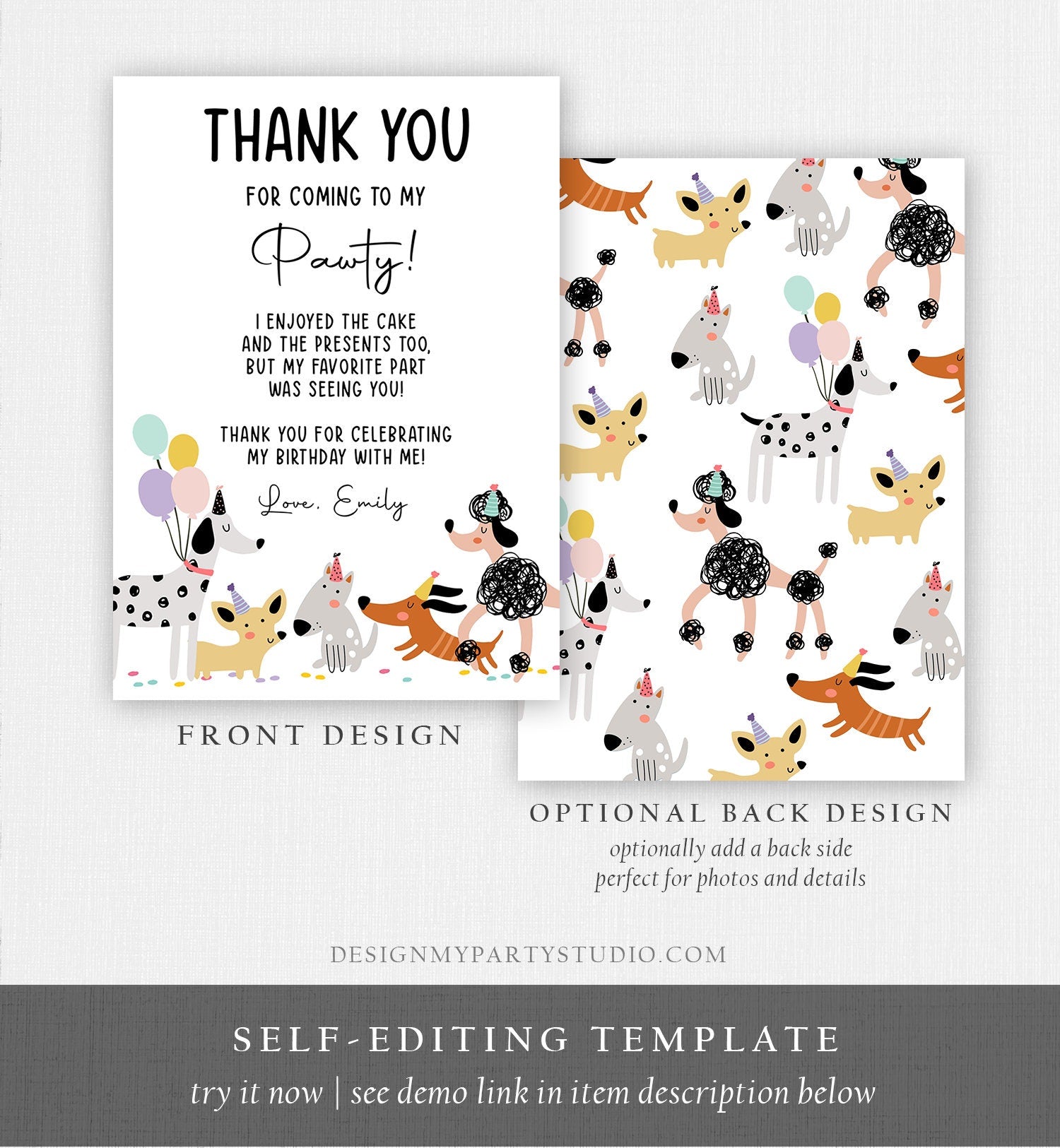 Editable Dog Birthday Thank You Card Puppy Birthday Invite Pink Girl Pawty Birthday Animal Pet Vet Digital Download Template Printable 0429