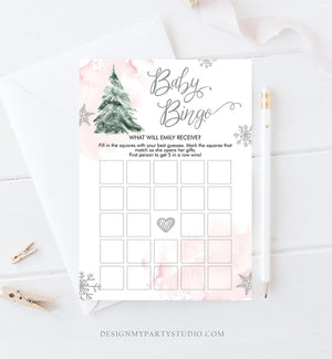 Editable Baby Bingo Baby Shower Game Winter Baby Shower Cold Outside Snowflake Girl Pink Tree Watercolor Corjl Template Printable 0363
