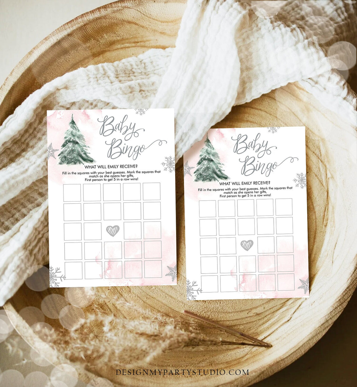Editable Baby Bingo Baby Shower Game Winter Baby Shower Cold Outside Snowflake Girl Pink Tree Watercolor Corjl Template Printable 0363
