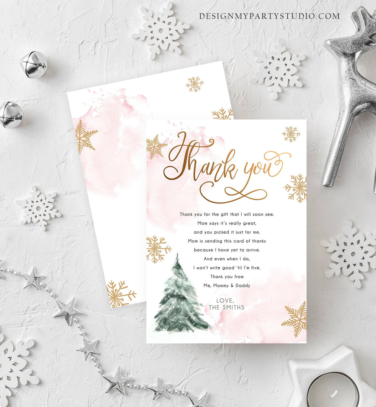 Editable Winter Tree Thank You Card Watercolor Baby Its Cold Outside Baby Shower Pink Girl Gold Neutral Snow Digital Template Printable 0363