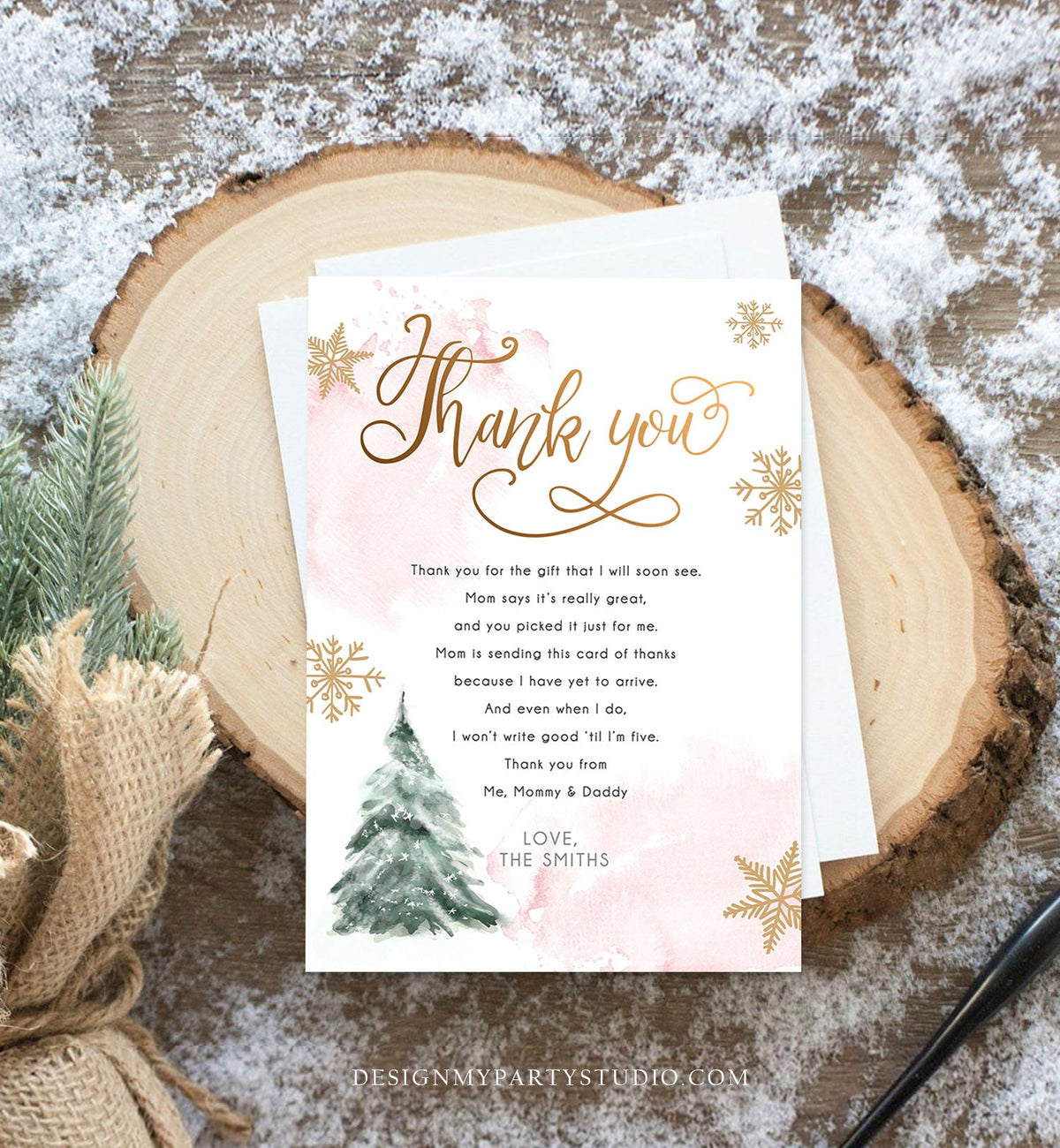 Editable Winter Tree Thank You Card Watercolor Baby Its Cold Outside Baby Shower Pink Girl Gold Neutral Snow Digital Template Printable 0363