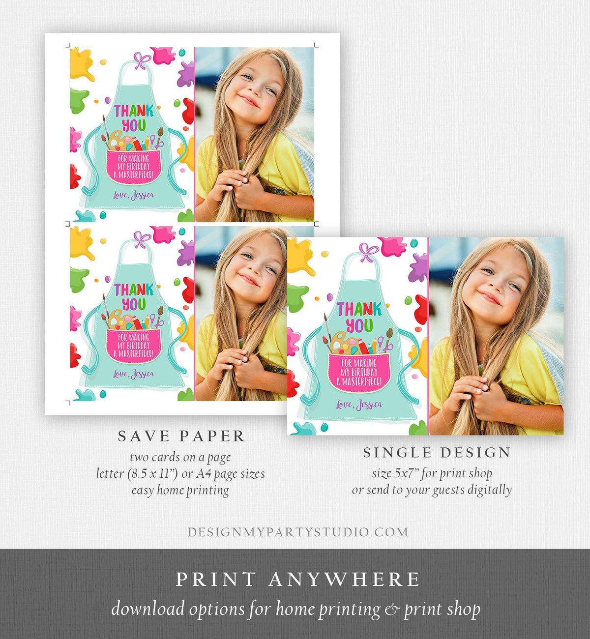 Editable Art Party Thank You Card Girl Boy Birthday Painting Crafting Party Paint Craft Apron Arts Digital Download Template Printable 0319