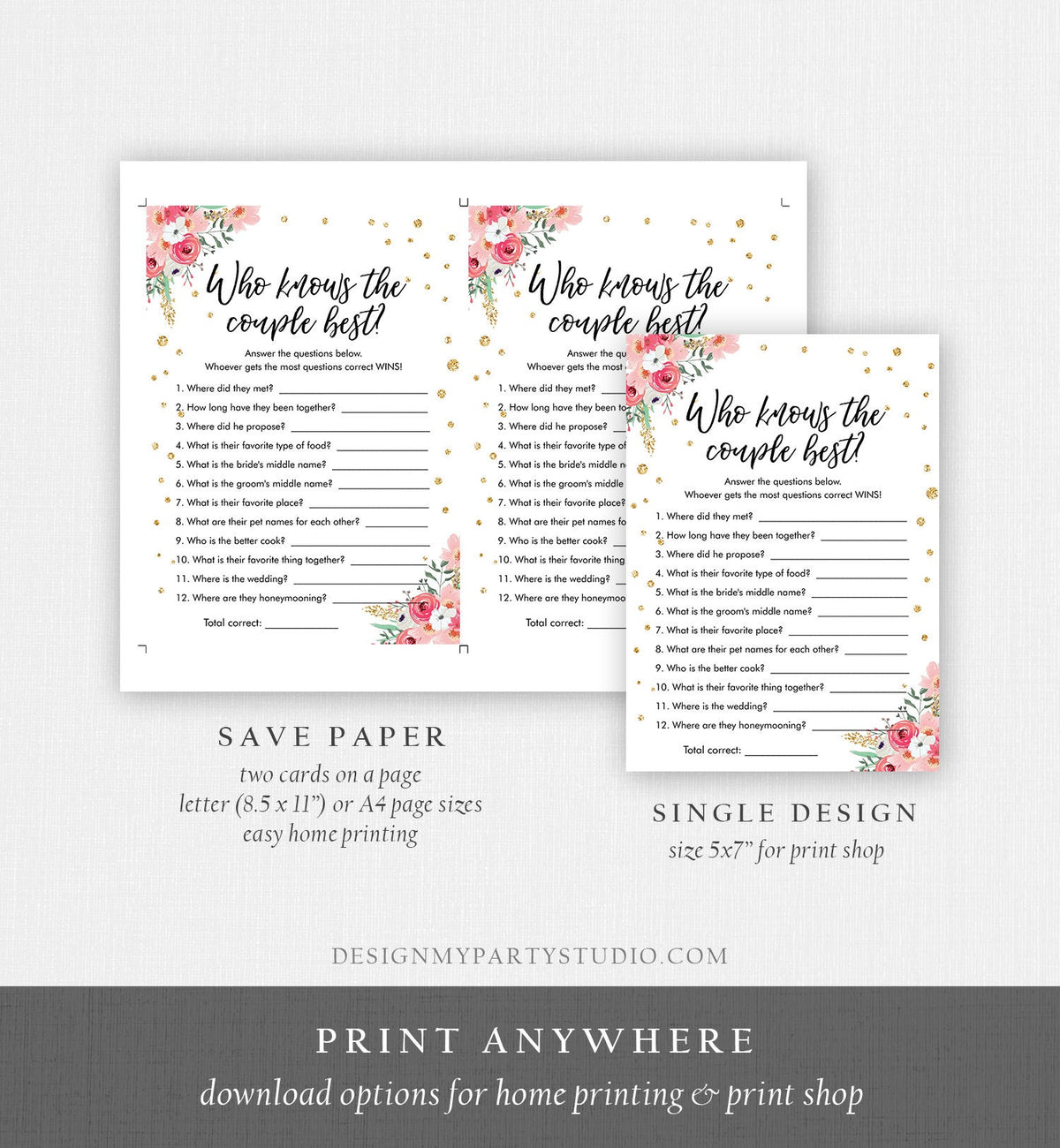Editable Who Know&#39;s Couple Best Bridal Shower Game Floral Wedding Shower Activity Pink Gold Flowers Travel Digital Template Printable 0030