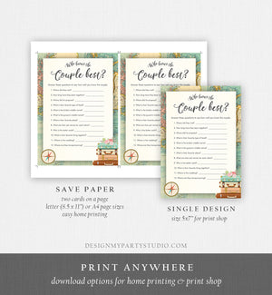 Editable Who Know's Couple Best Bridal Shower Game Travel Wedding Shower Activity Vintage Map Suitcases Corjl Template Printable 0044