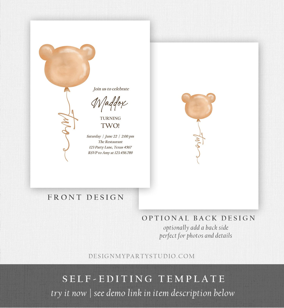 Editable Bear Birthday Invitation 2nd Birthday Bear Balloon Teddy Bears Picnic Neutral Boho Printable Template Instant Download Corjl 0439