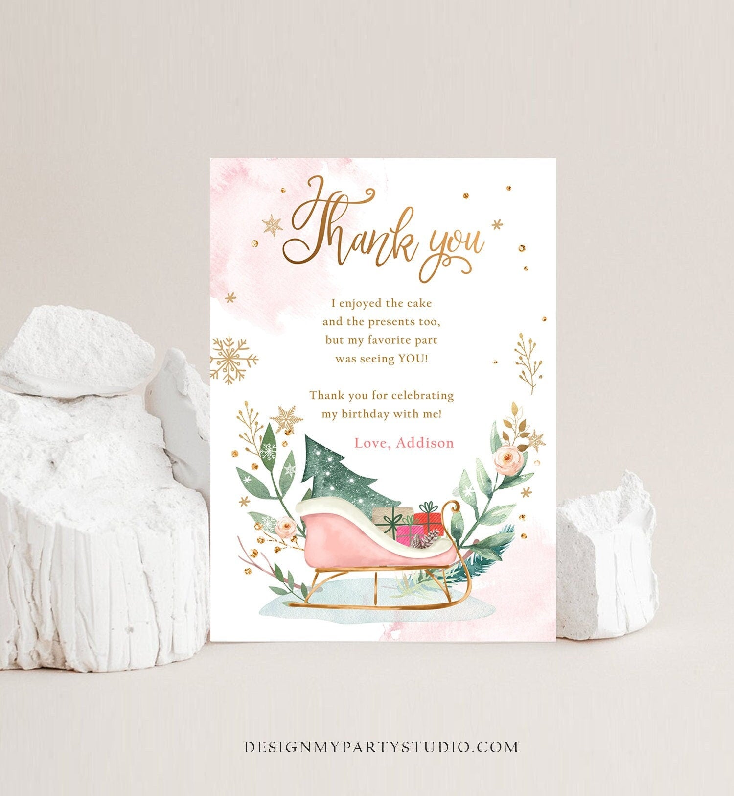 Editable Sleigh Winter Tree Thank You Card Birthday Watercolor Baby Its Cold Outside Baby Shower Pink Girl Digital Template Printable 0353