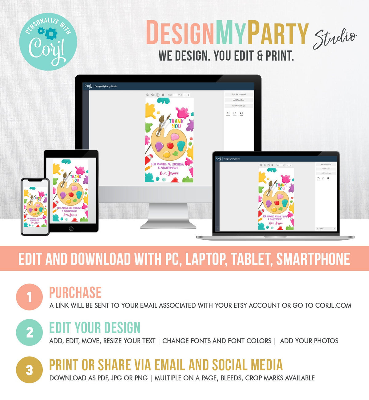 Editable Art Party Favor Tags Painting Party Thank You Tag Gift Tag Art Birthday Girl Pink Craft Paint Brush Corjl Template Printable 0319