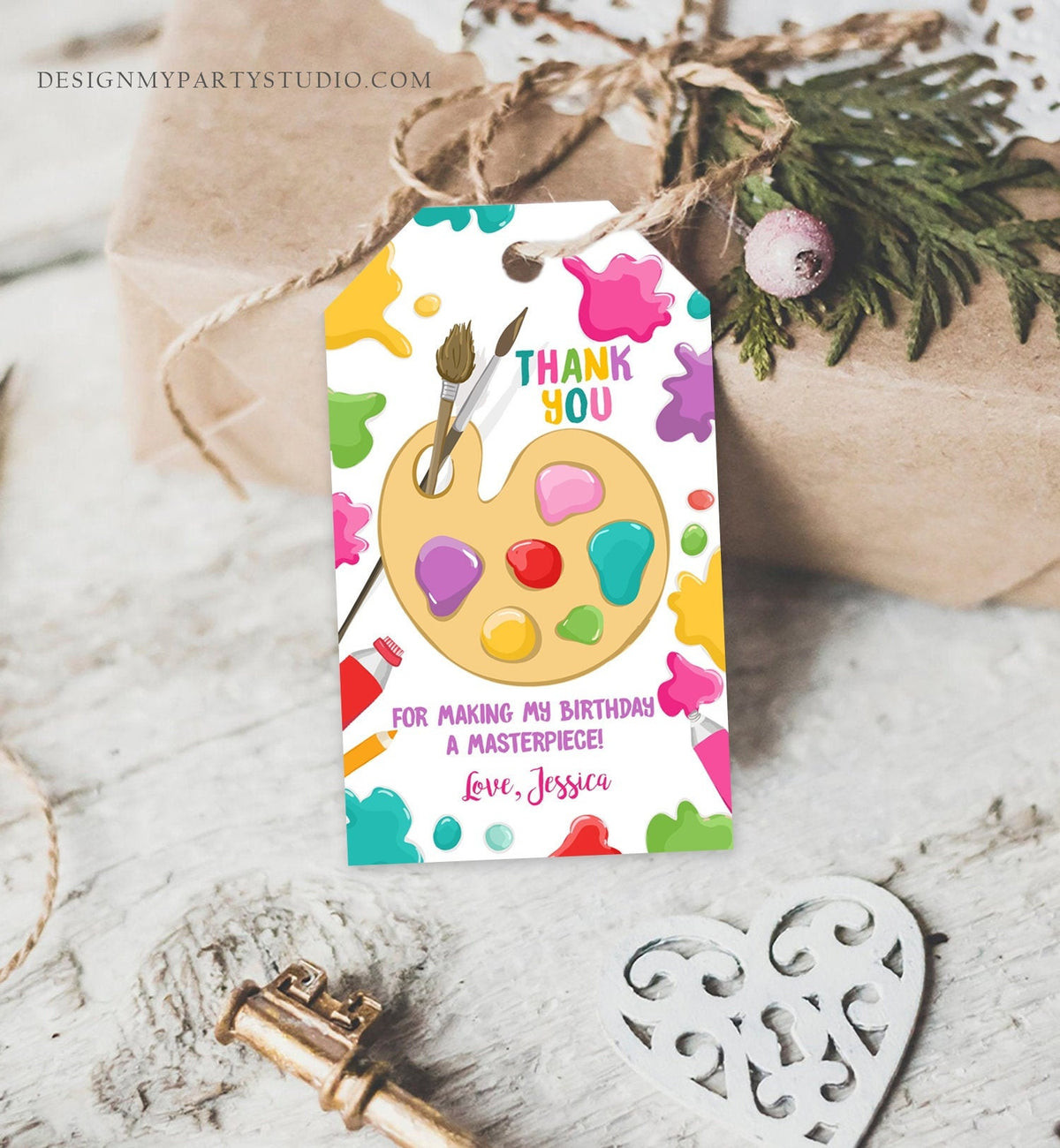 Editable Art Party Favor Tags Painting Party Thank You Tag Gift Tag Art Birthday Girl Pink Craft Paint Brush Corjl Template Printable 0319