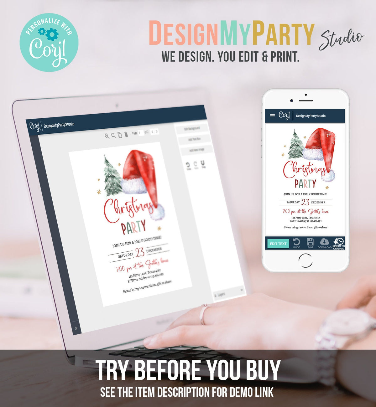 Editable Christmas Party Invitation Holiday Santa Hat Christmas Invitation Christmas Birthday Tree Corjl Template Download Printable 0444