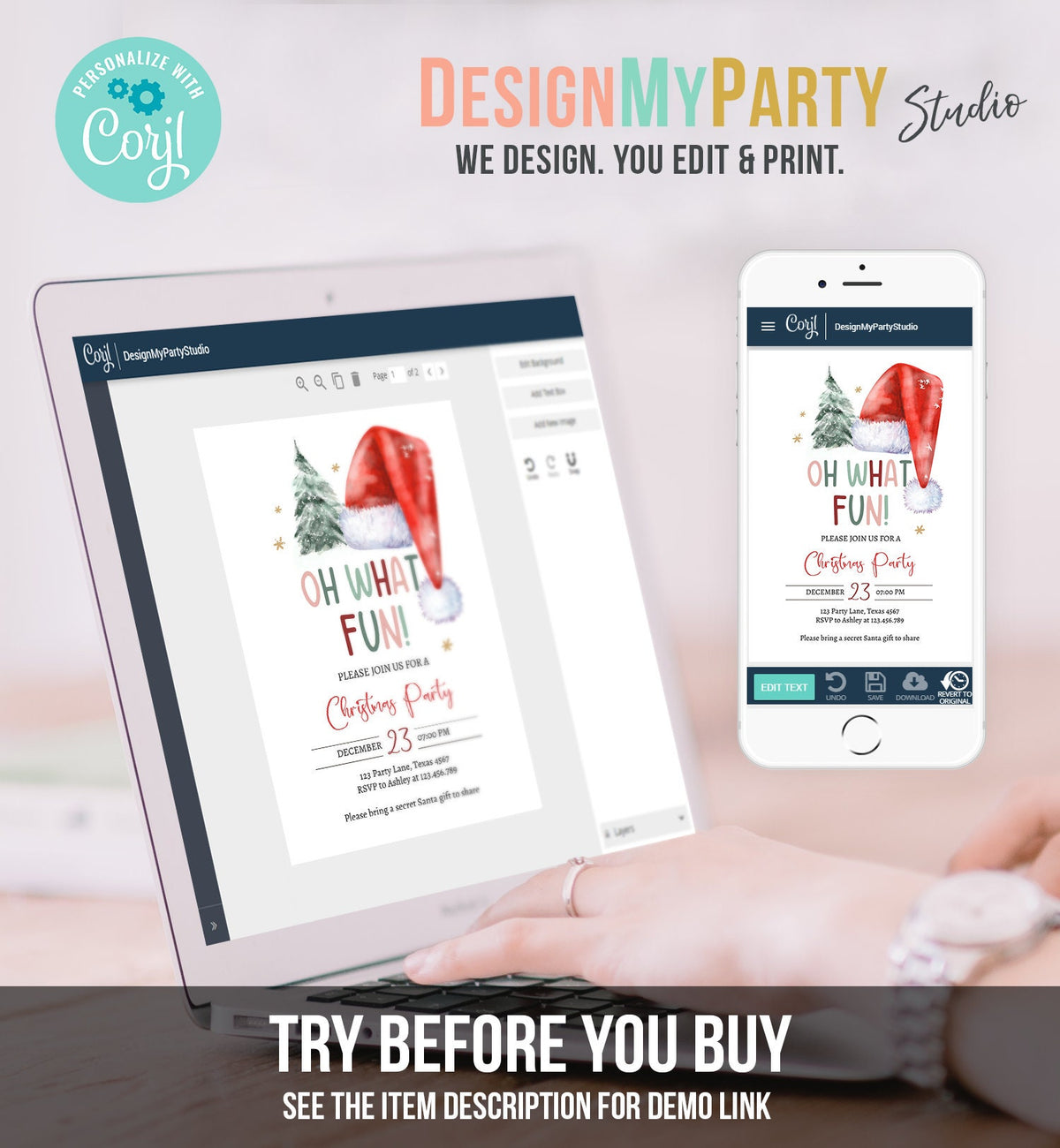 Editable Christmas Party Invitation Kids Holiday Santa Hat Oh What Fun Invite Christmas Birthday Digital Template Download Printable 0444
