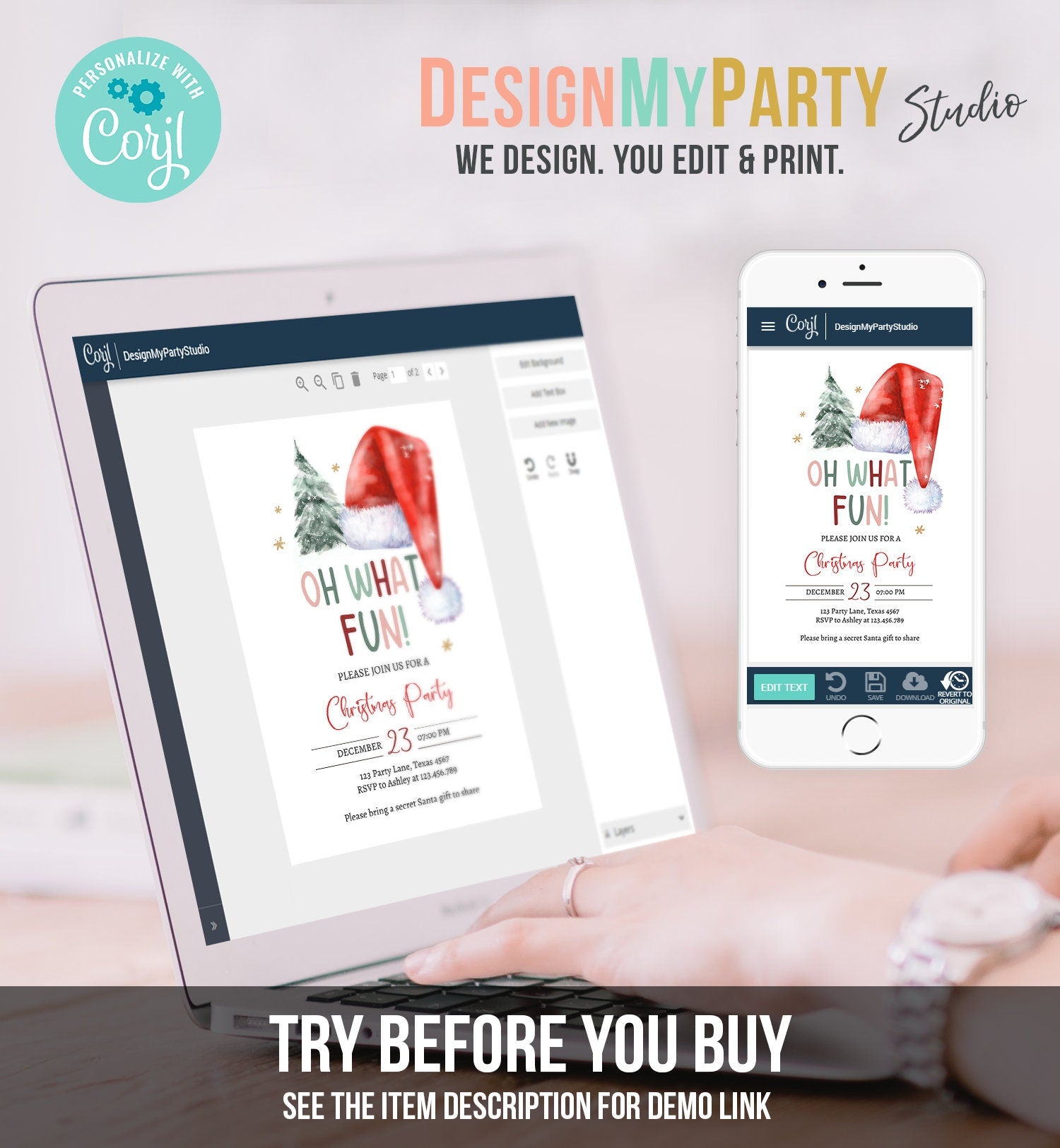 Editable Christmas Party Invitation Kids Holiday Santa Hat Oh What Fun Invite Christmas Birthday Digital Template Download Printable 0444