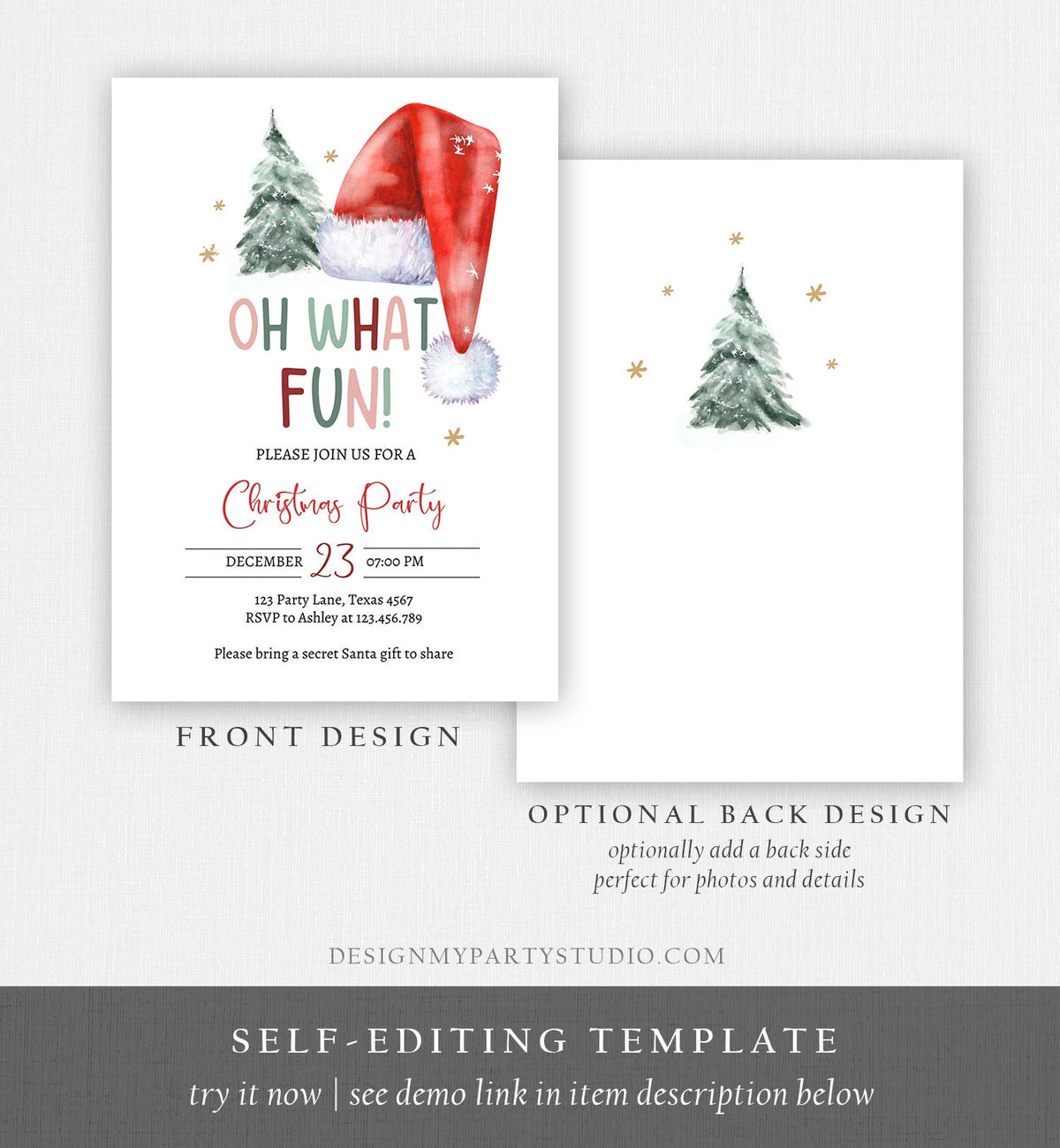Editable Christmas Party Invitation Kids Holiday Santa Hat Oh What Fun Invite Christmas Birthday Digital Template Download Printable 0444