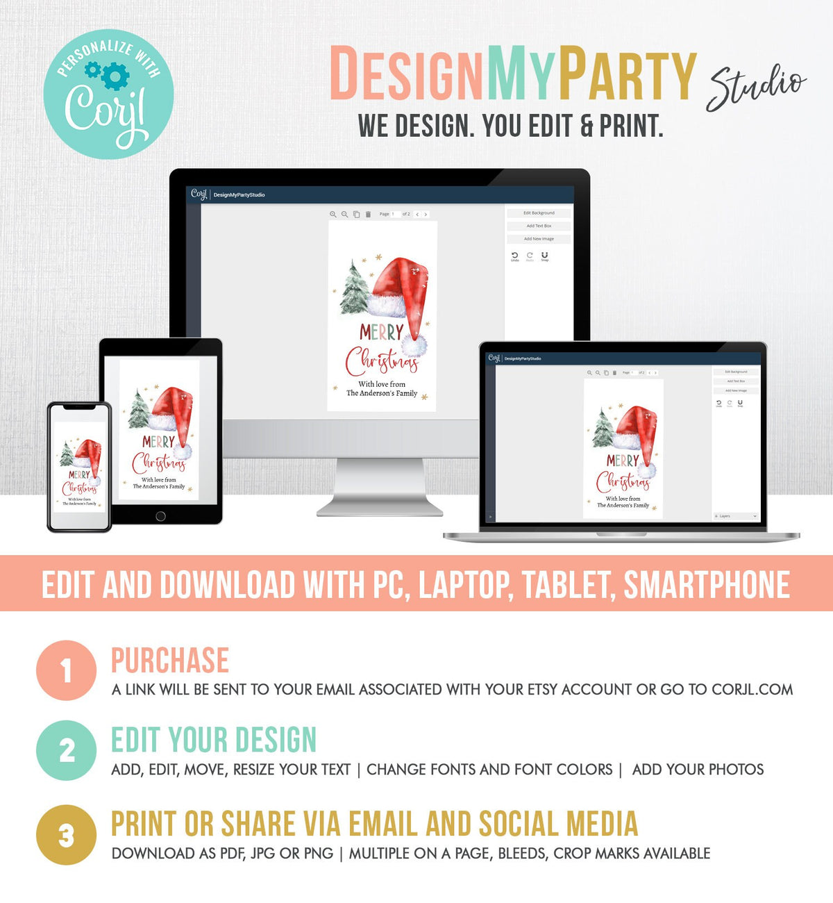 Editable Christmas Favor Tags Holiday Gift Tags Merry Christmas Santa Hat Elf Holiday Labels Download Printable Template Corjl 0443 0444