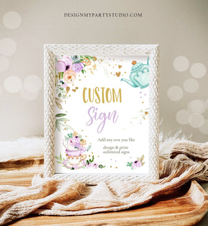Editable Custom Tea Party Sign Baby Shower Brewing Floral Tea for Two Purple Gender Neutral Table Sign 8x10 Corjl Template Printable 0349