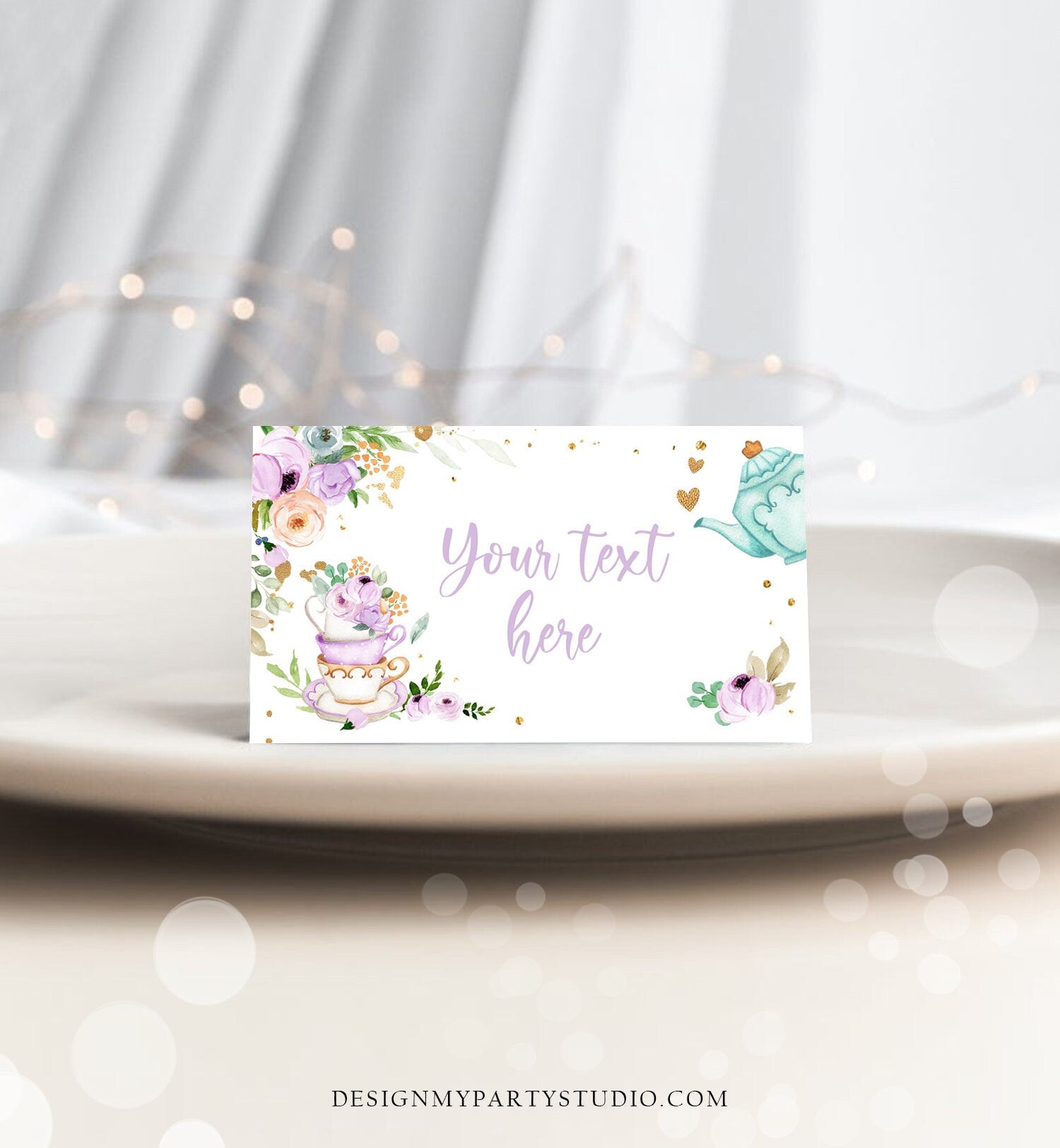 Editable Tea Party Food Label Tea Place Card Tent Card Escort Card Par-Tea Tea for Two Decor Purple Floral Printable Corjl Template 0349