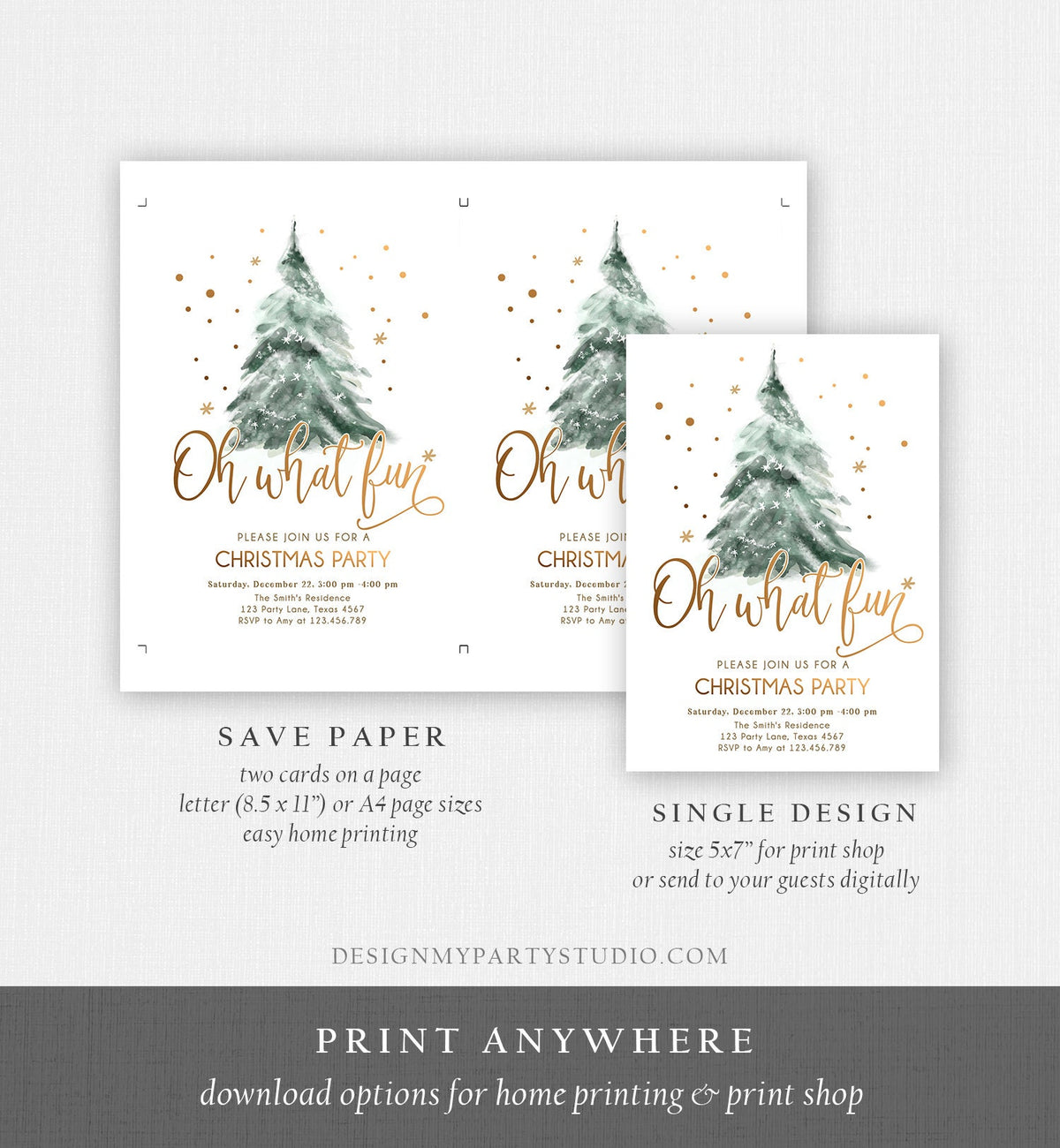 Editable Christmas Party Invitation Winter Tree Oh What Fun Invite Holiday Party Birthday Invite Corjl Template Download Printable 0363