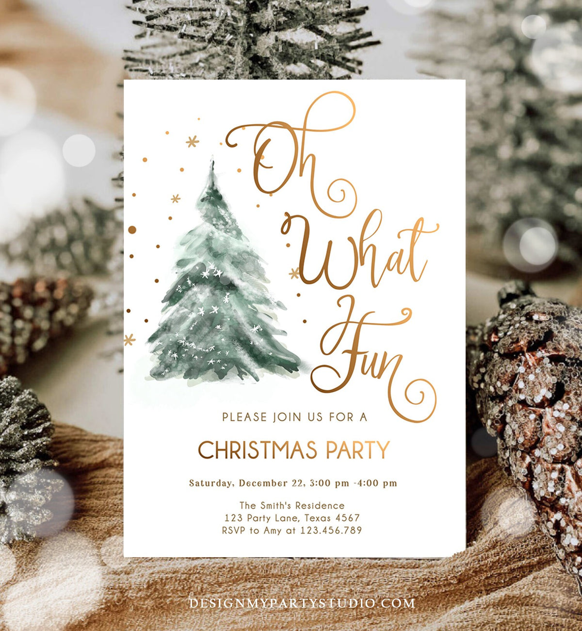 Editable Christmas Party Invitation Winter Tree Oh What Fun Holiday Party Birthday Evite Template Digital Download Printable 0363